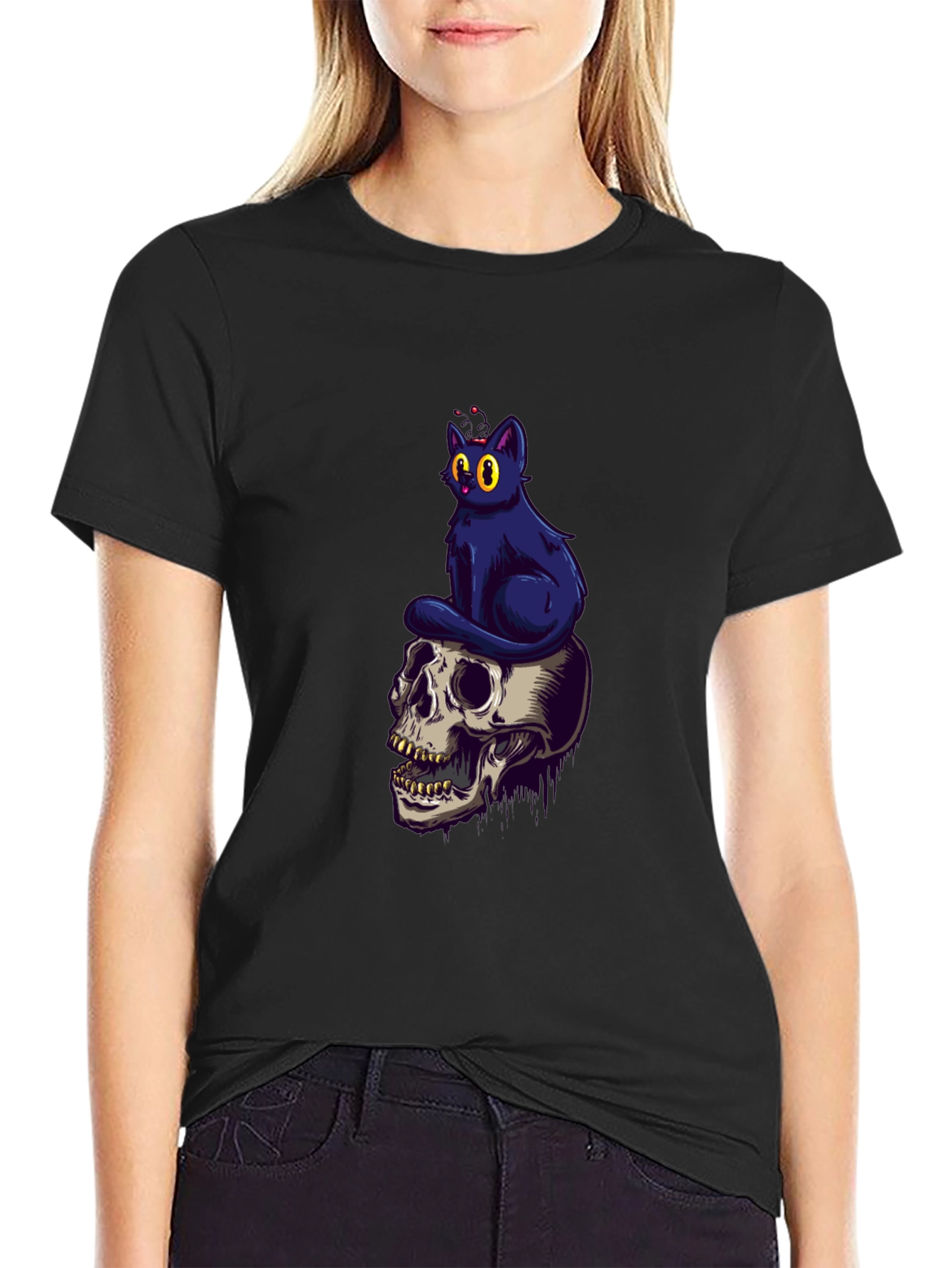 Skull & Cat Graphic Tee - Black Cotton T-Shirt