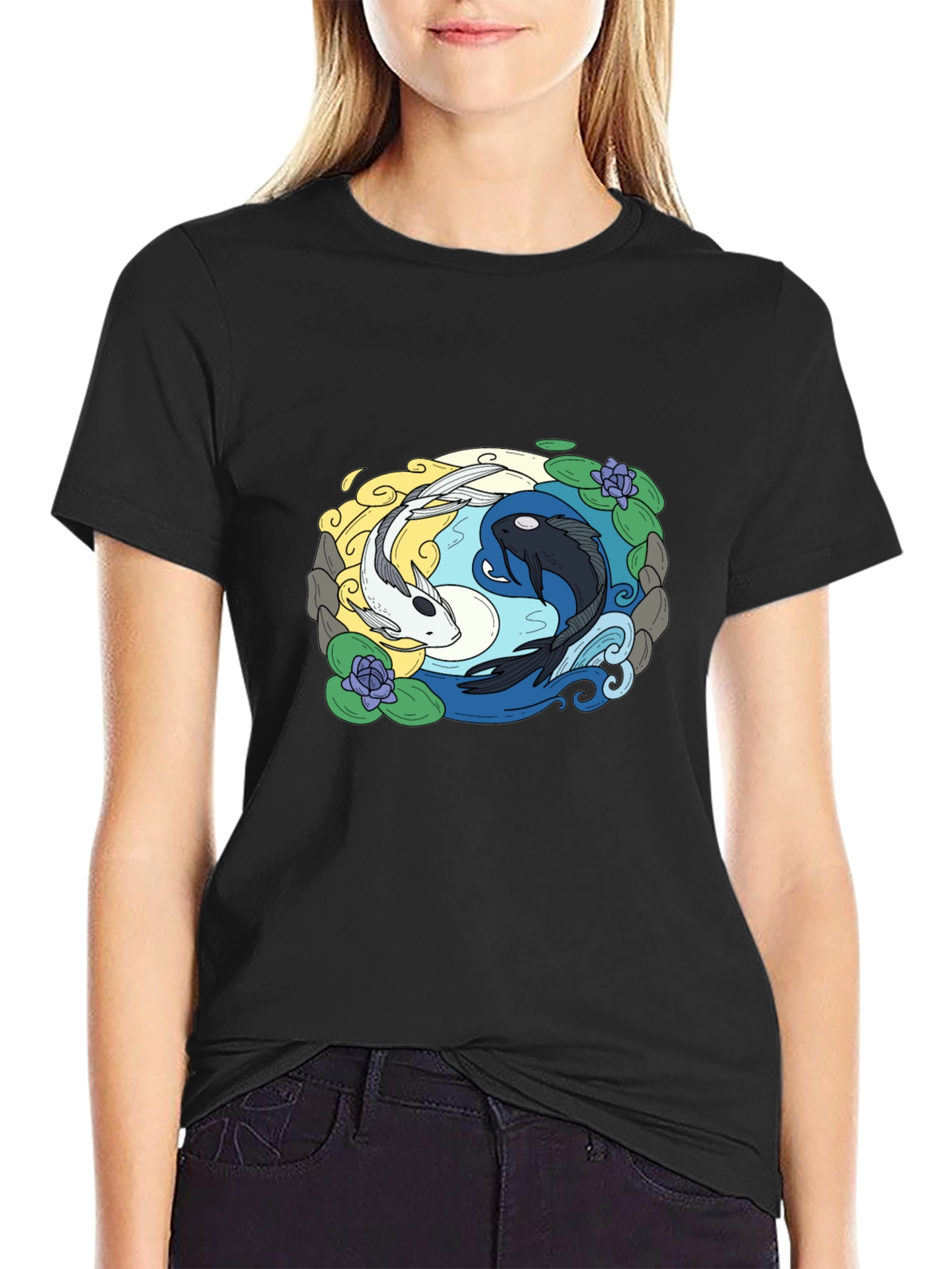 Yin Yang Koi Fish Graphic Tee - Black