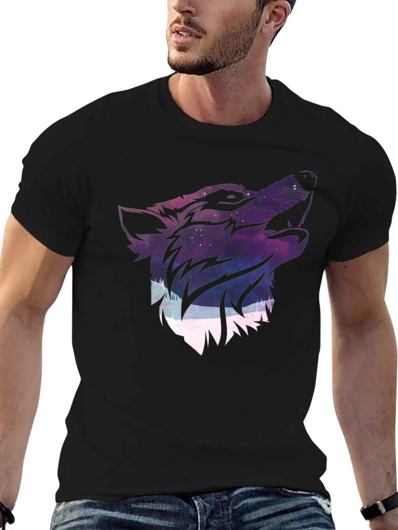 Wolf Galaxy Graphic Print T-Shirt - Black