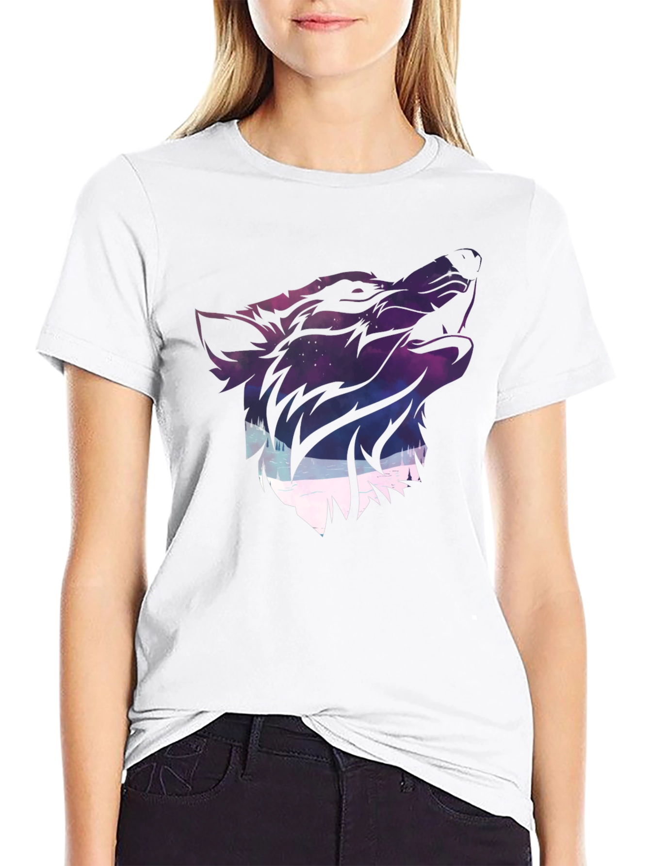 Wolf Galaxy Graphic Print T-Shirt - Black