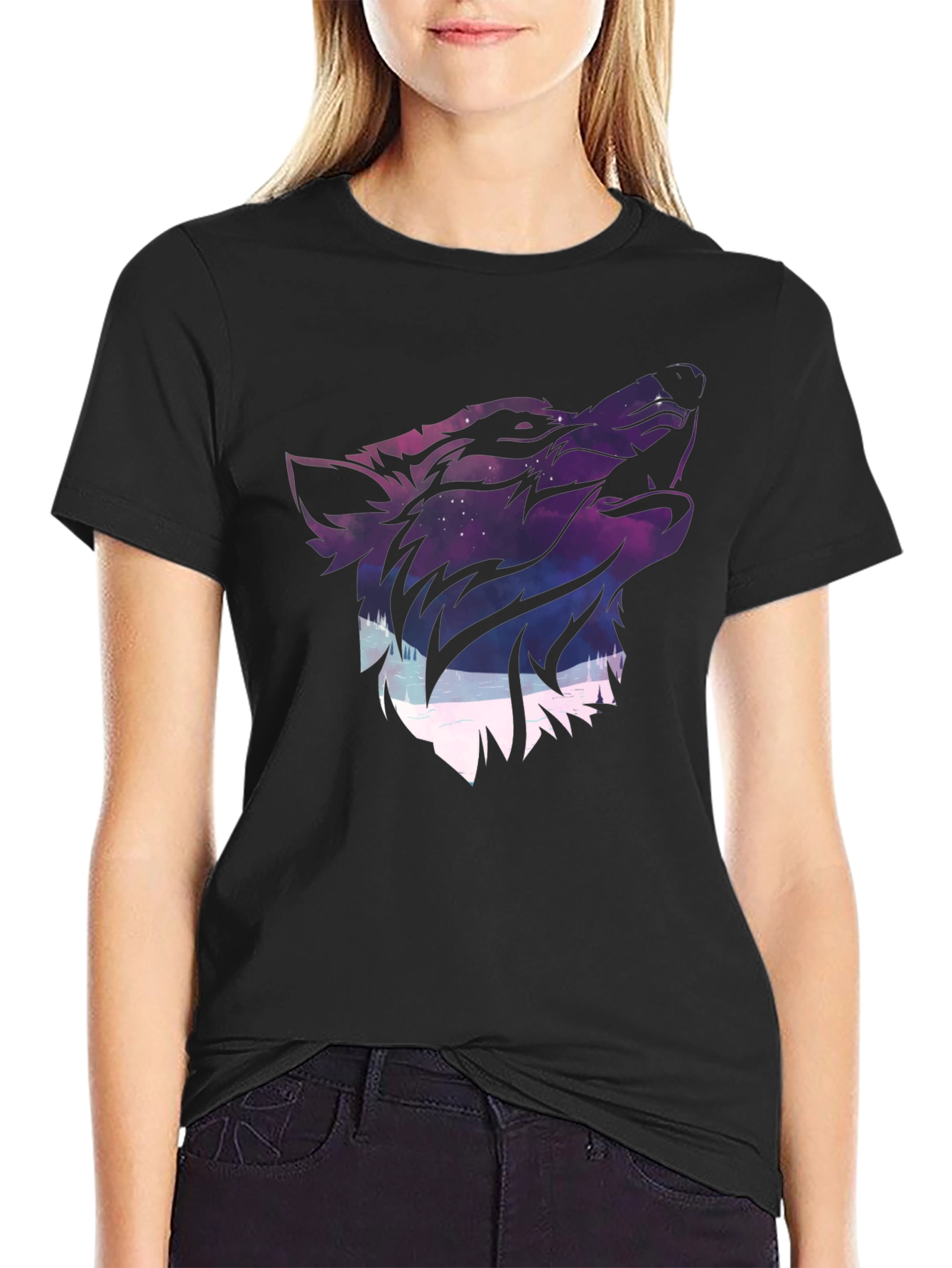 Wolf Galaxy Graphic Print T-Shirt - Black