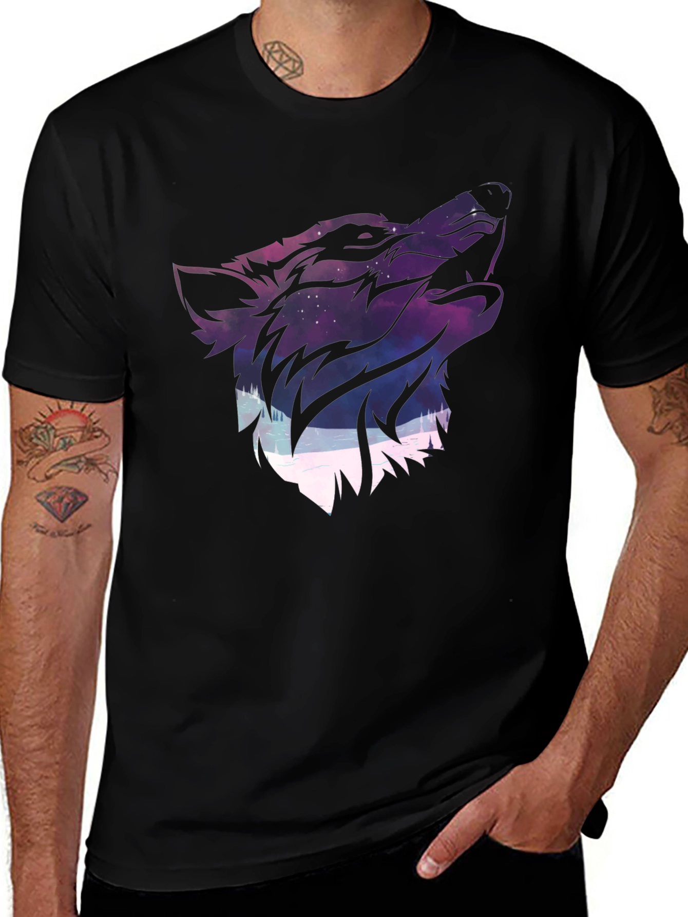 Wolf Galaxy Graphic Print T-Shirt - Black