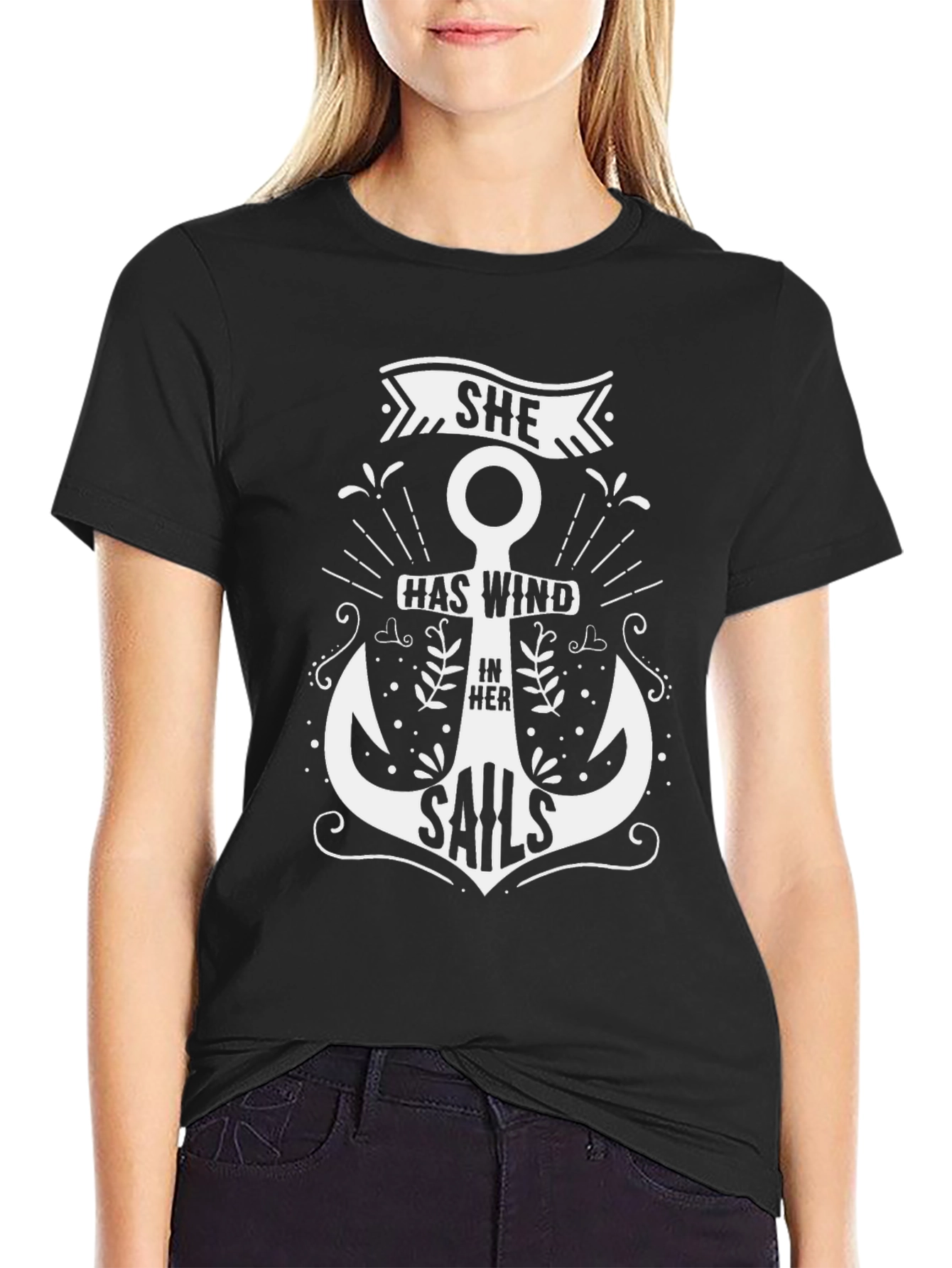 She Has Wind In Her Sails Black Graphic Tee