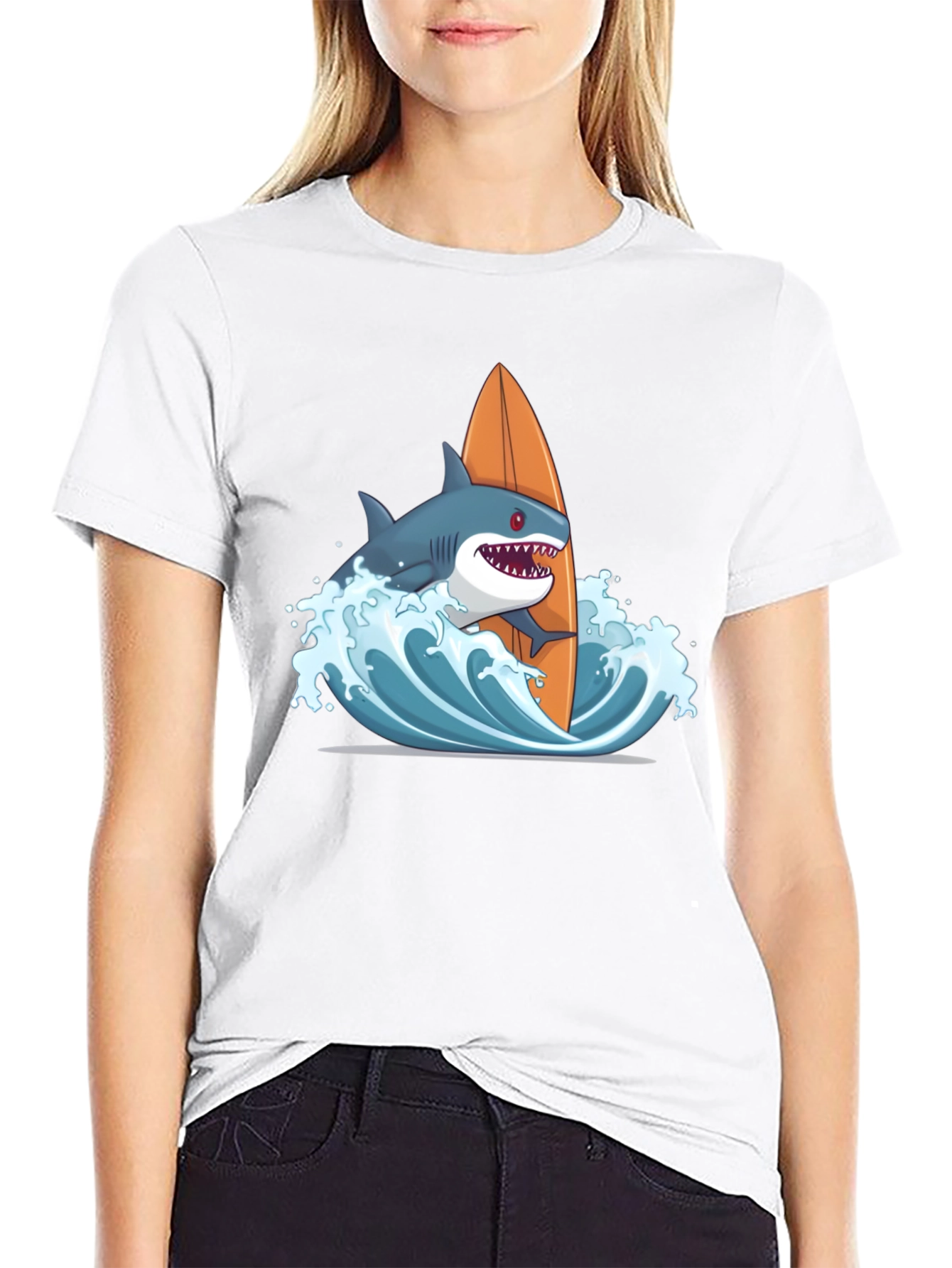 Shark Surfing Graphic T-Shirt - Black Cotton Tee