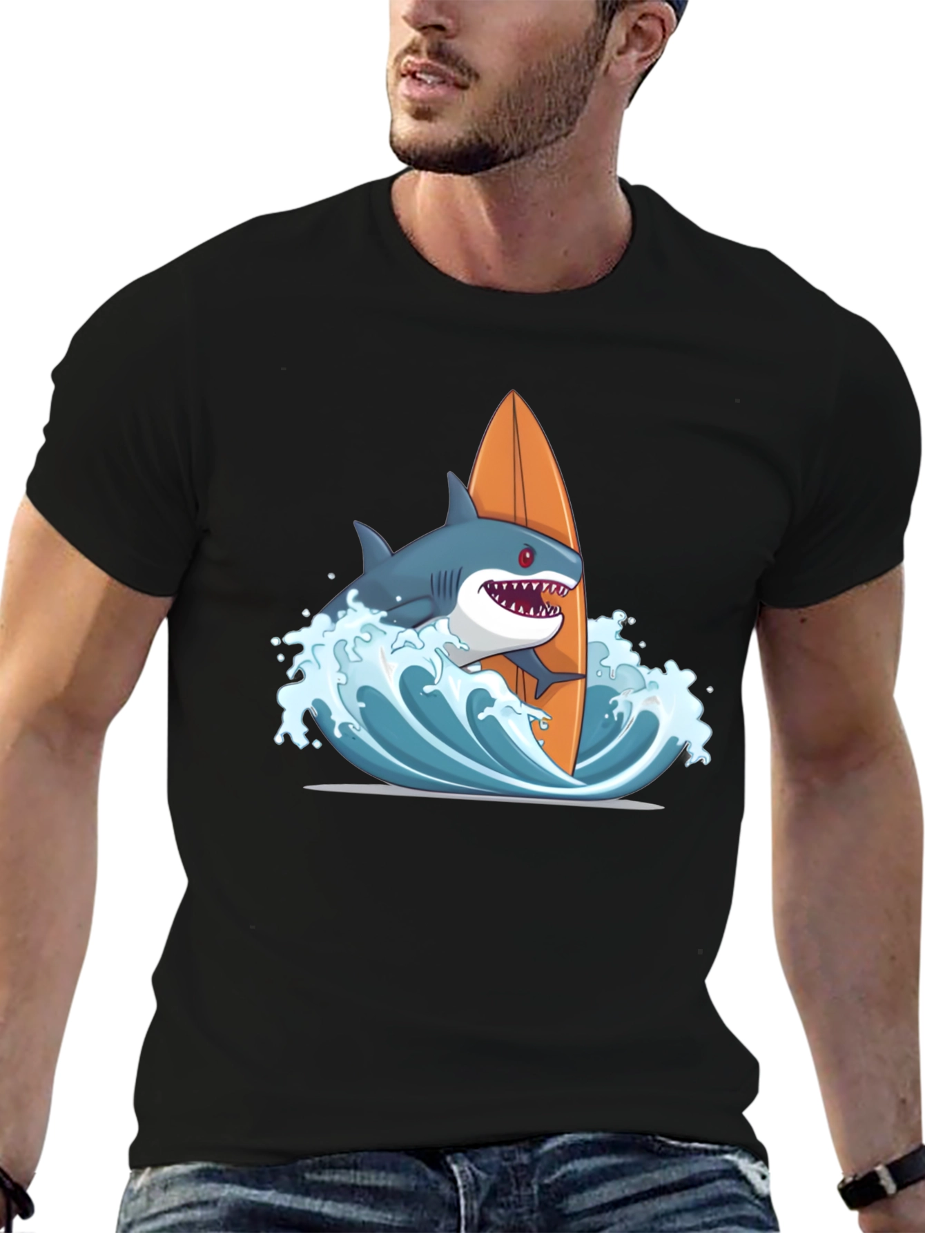 Shark Surfing Graphic T-Shirt - Black Cotton Tee