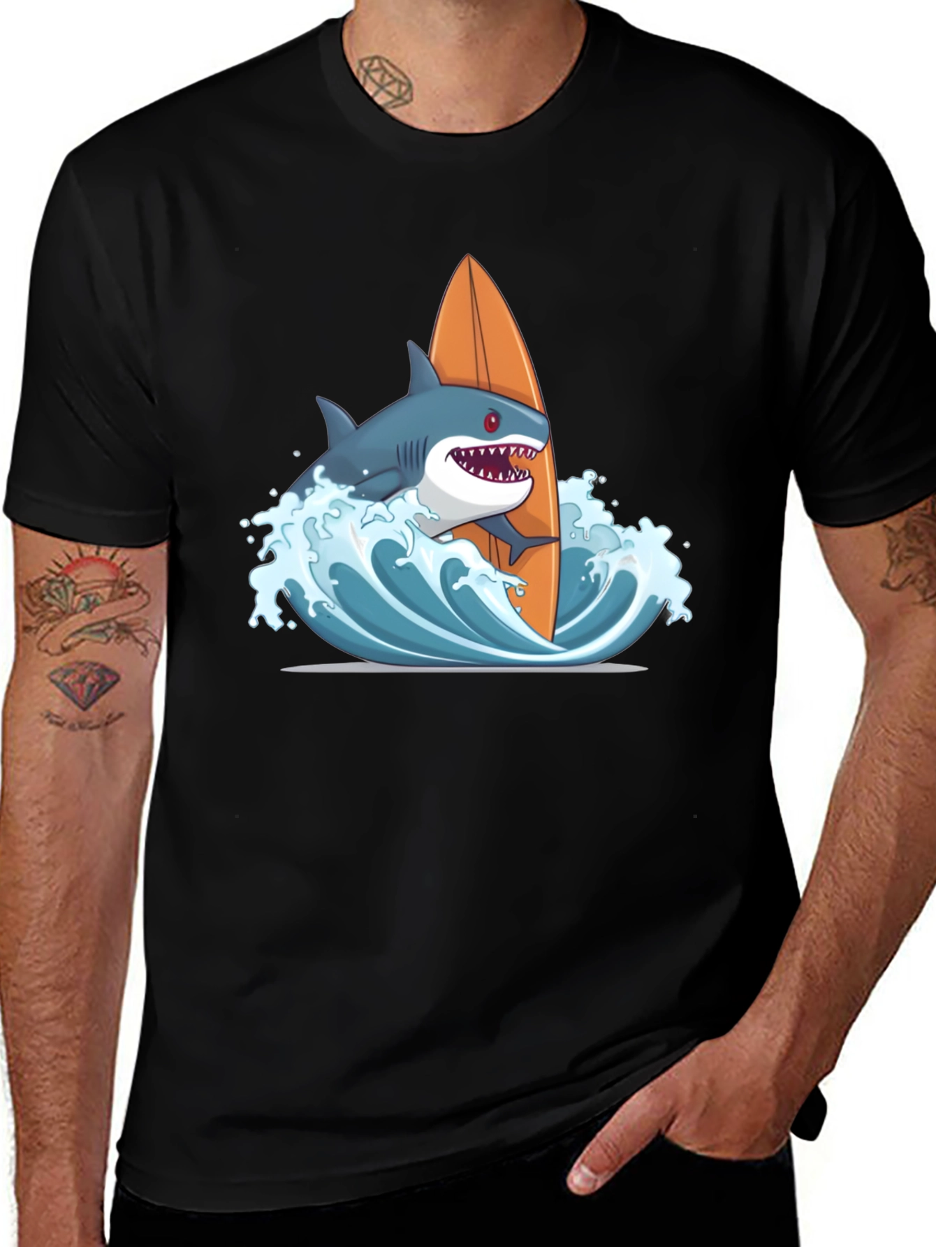 Shark Surfing Graphic T-Shirt - Black Cotton Tee