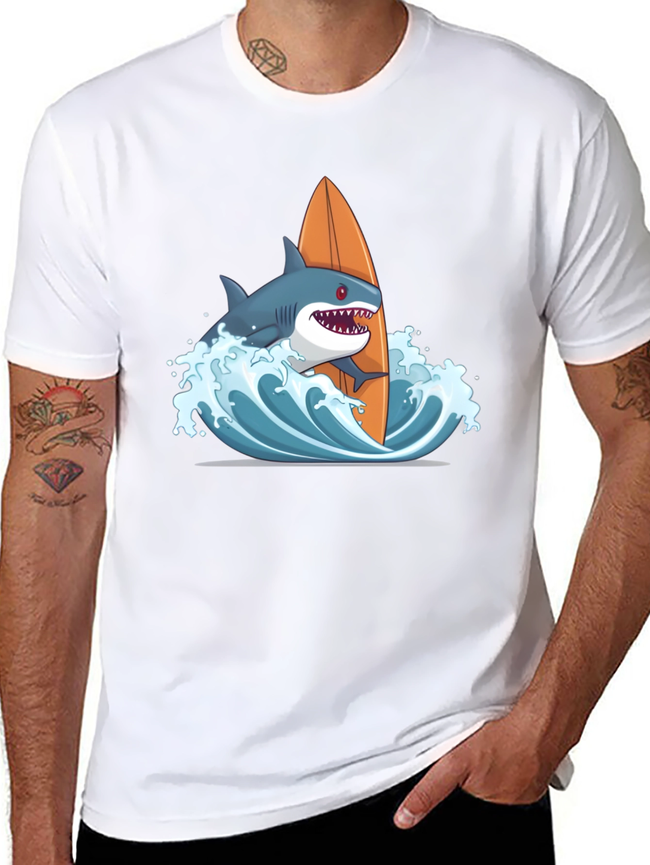 Shark Surfing Graphic T-Shirt - Black Cotton Tee