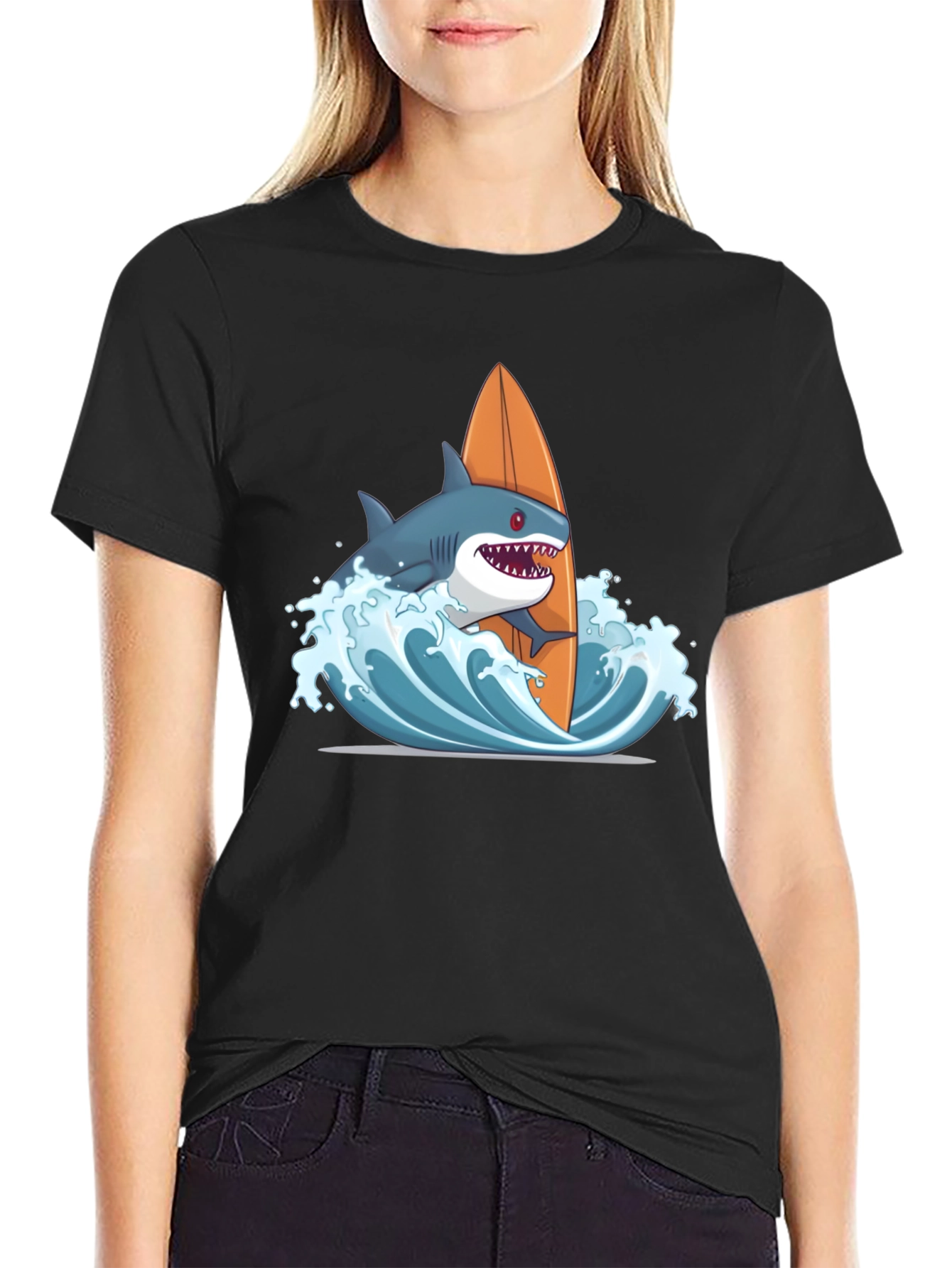 Shark Surfing Graphic T-Shirt - Black Cotton Tee
