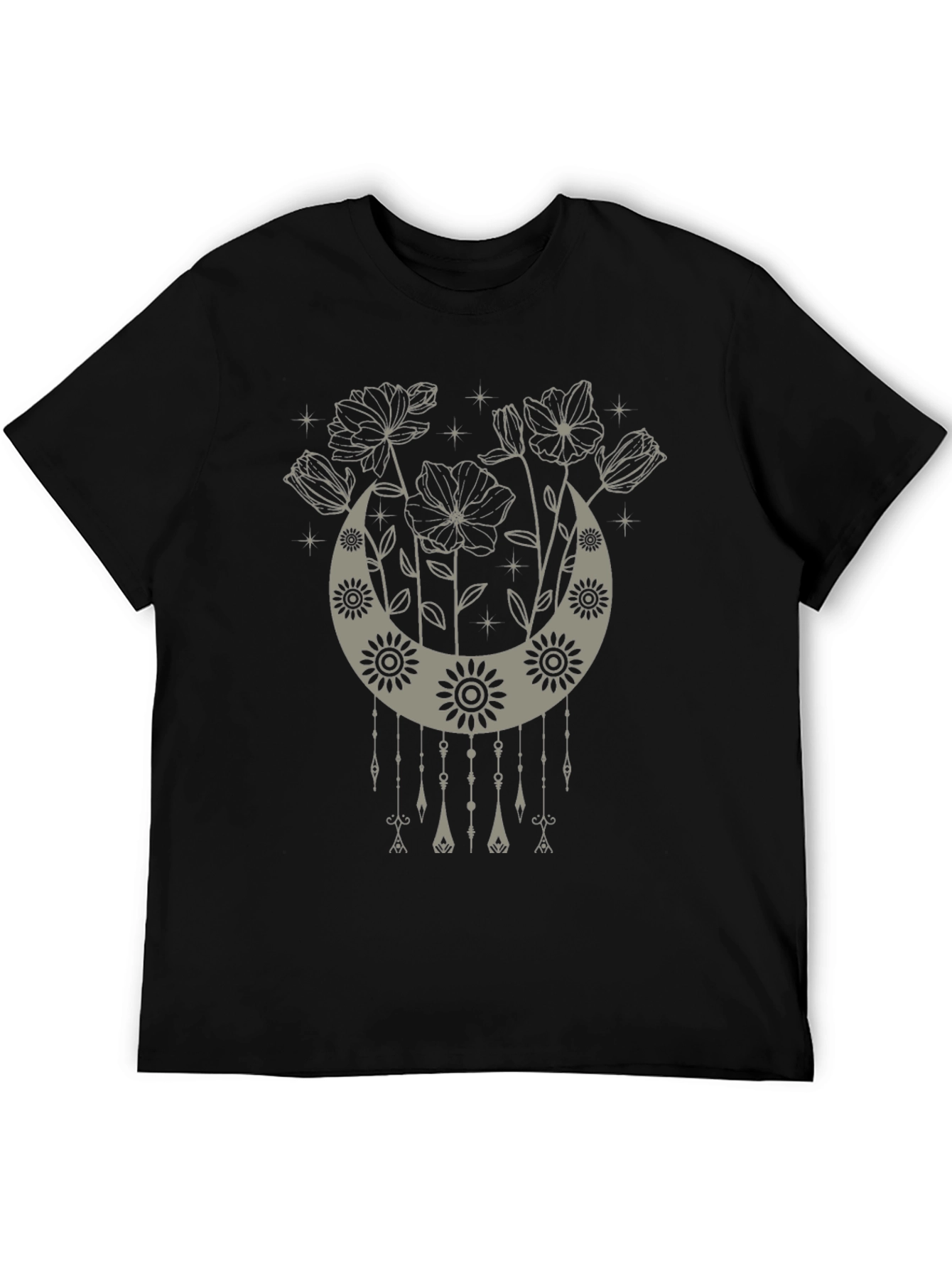 Boho Floral Moon Graphic Tee - Black