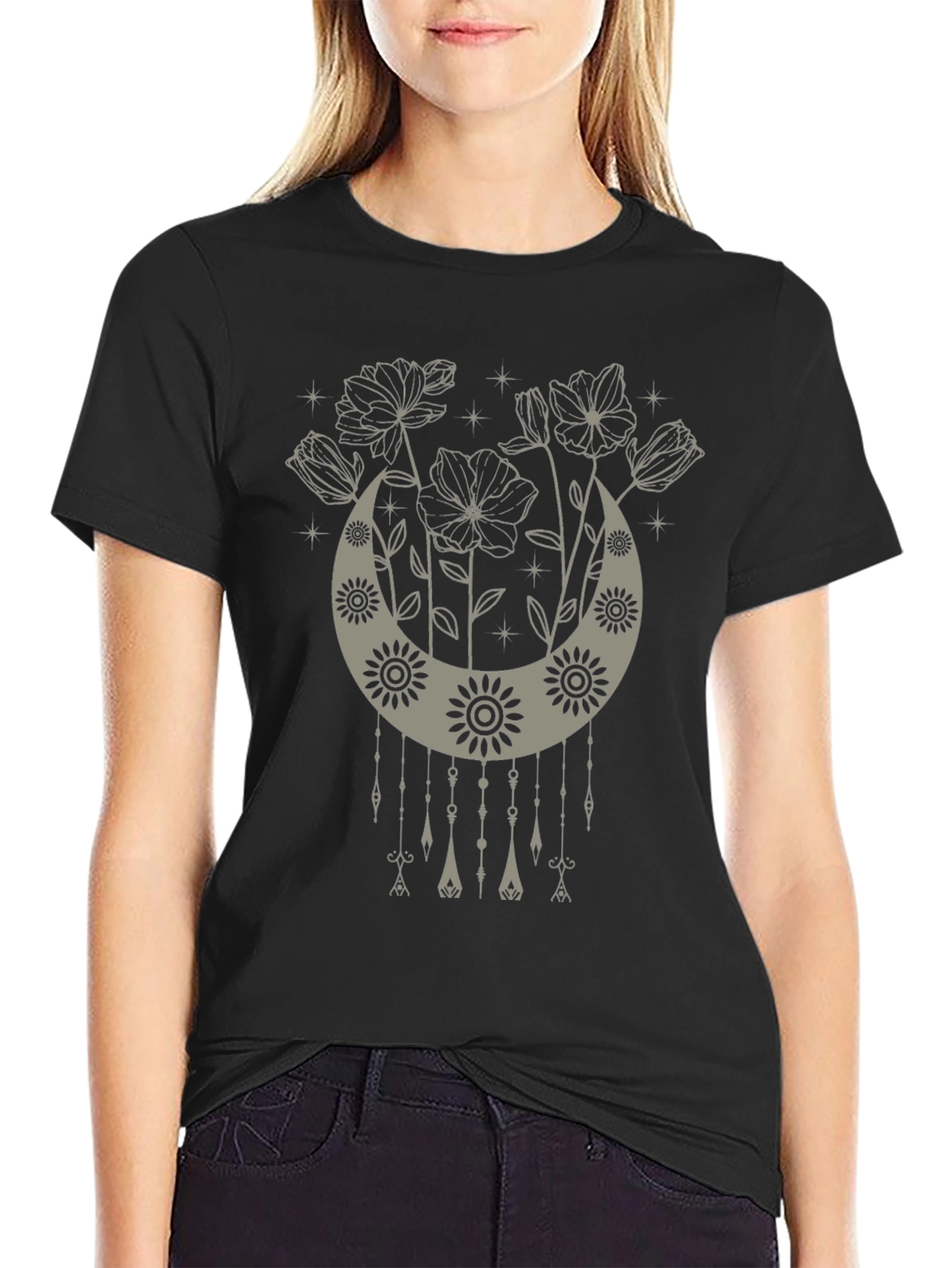Boho Floral Moon Graphic Tee - Black