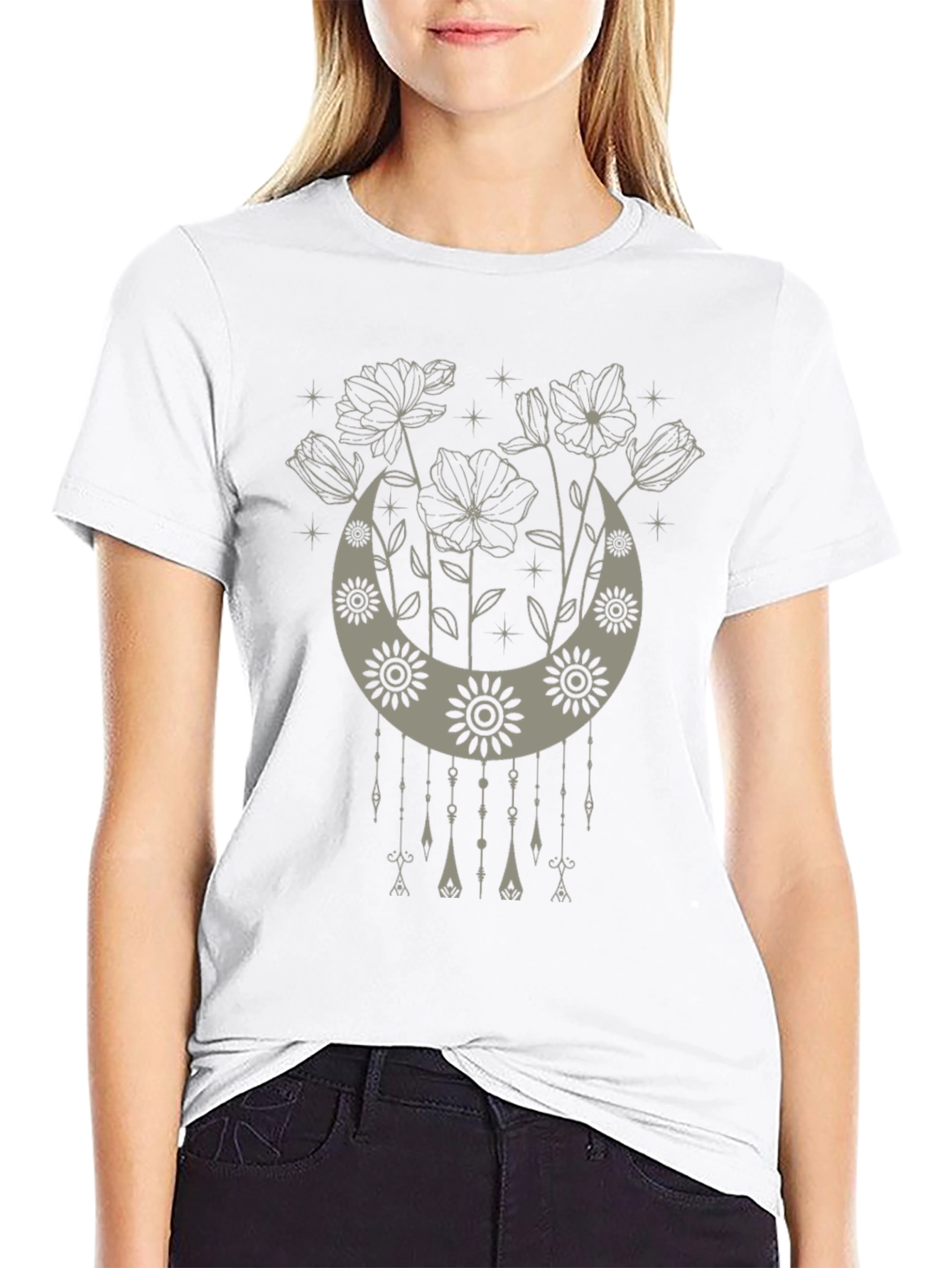 Boho Floral Moon Graphic Tee - Black