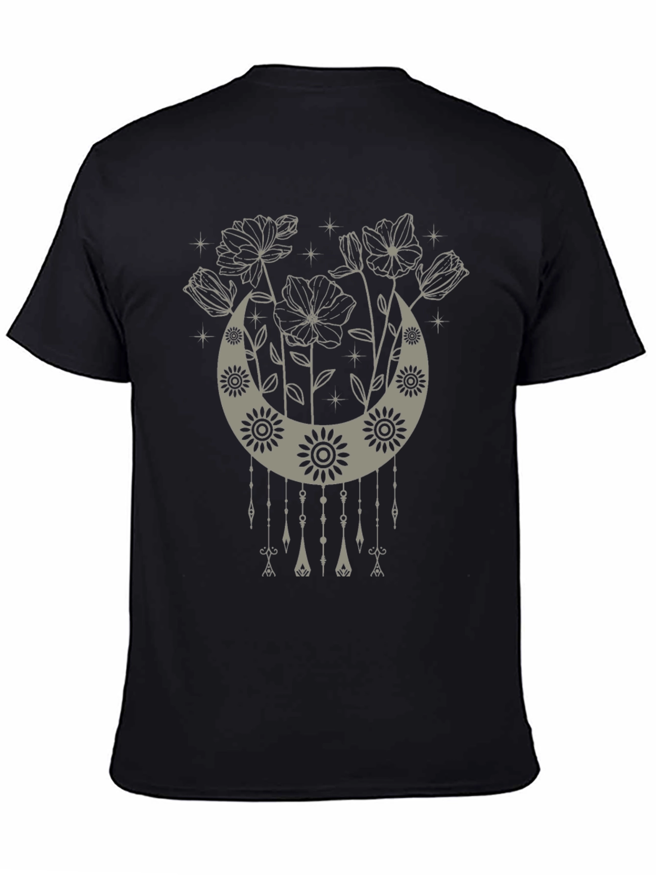 Boho Floral Moon Graphic Tee - Black