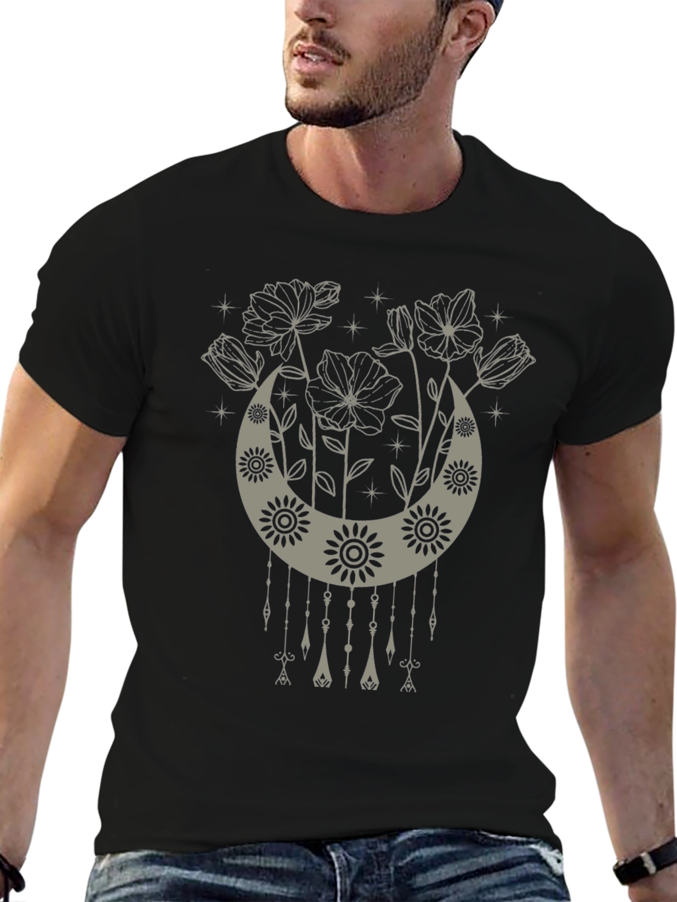Boho Floral Moon Graphic Tee - Black