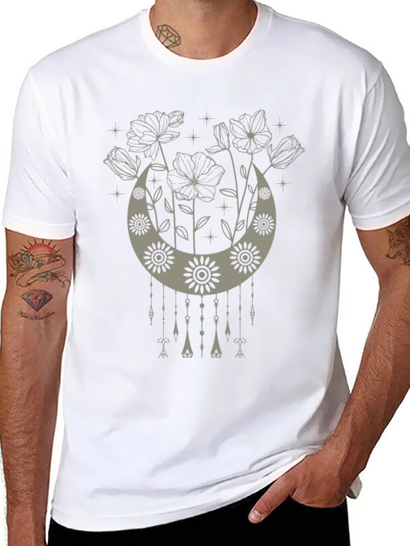 Boho Floral Moon Graphic Tee - Black