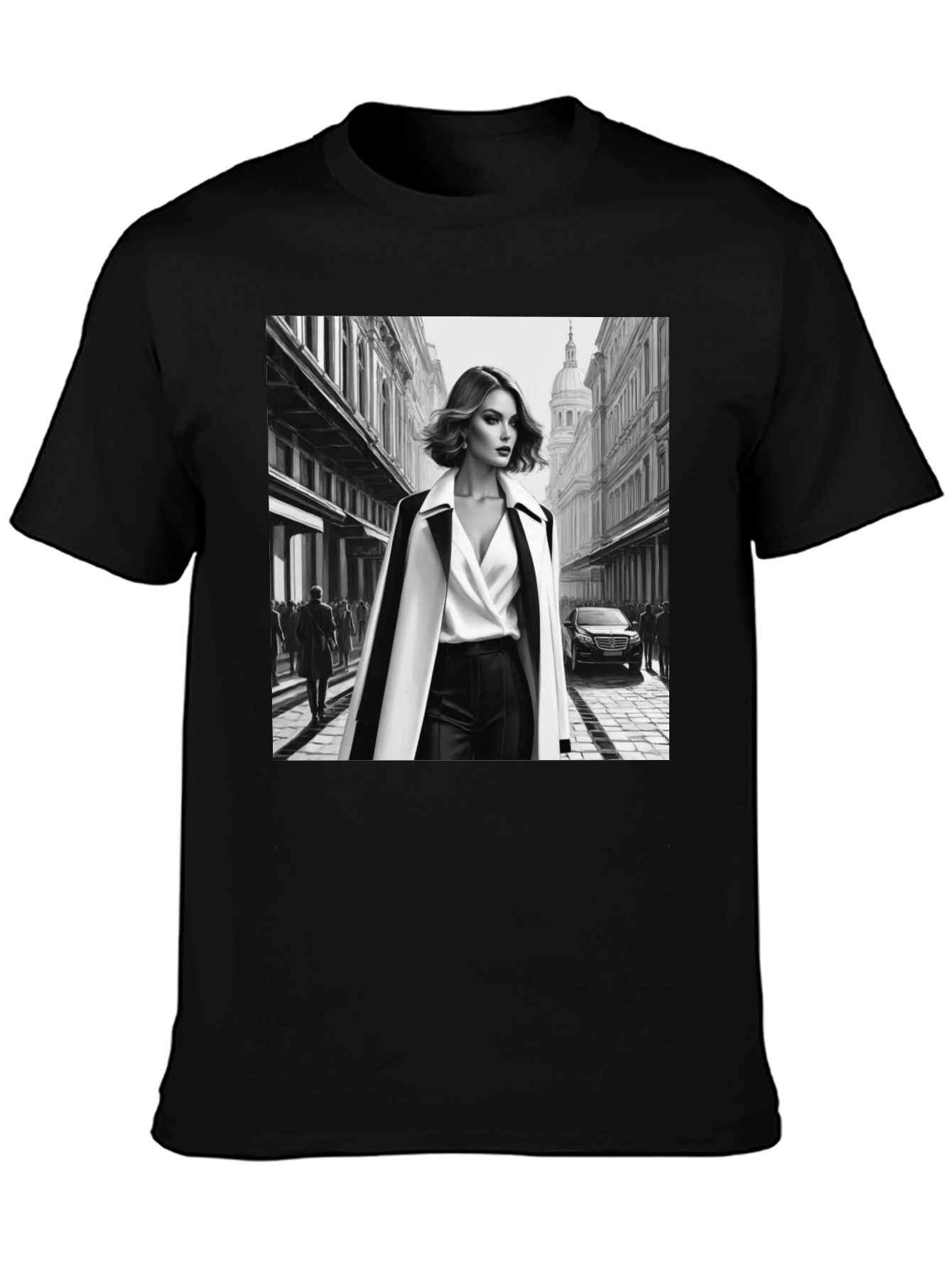Stylish Black T-Shirt with Fashion Illustration