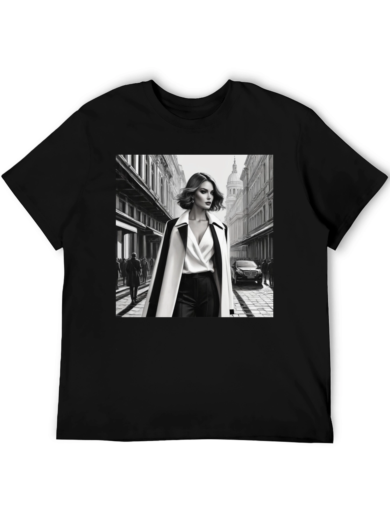 Stylish Black T-Shirt with Fashion Illustration