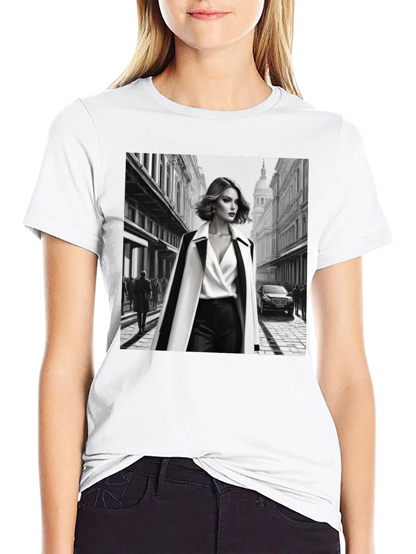 Stylish Black T-Shirt with Fashion Illustration