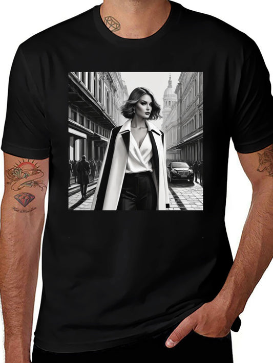 Stylish Black T-Shirt with Fashion Illustration