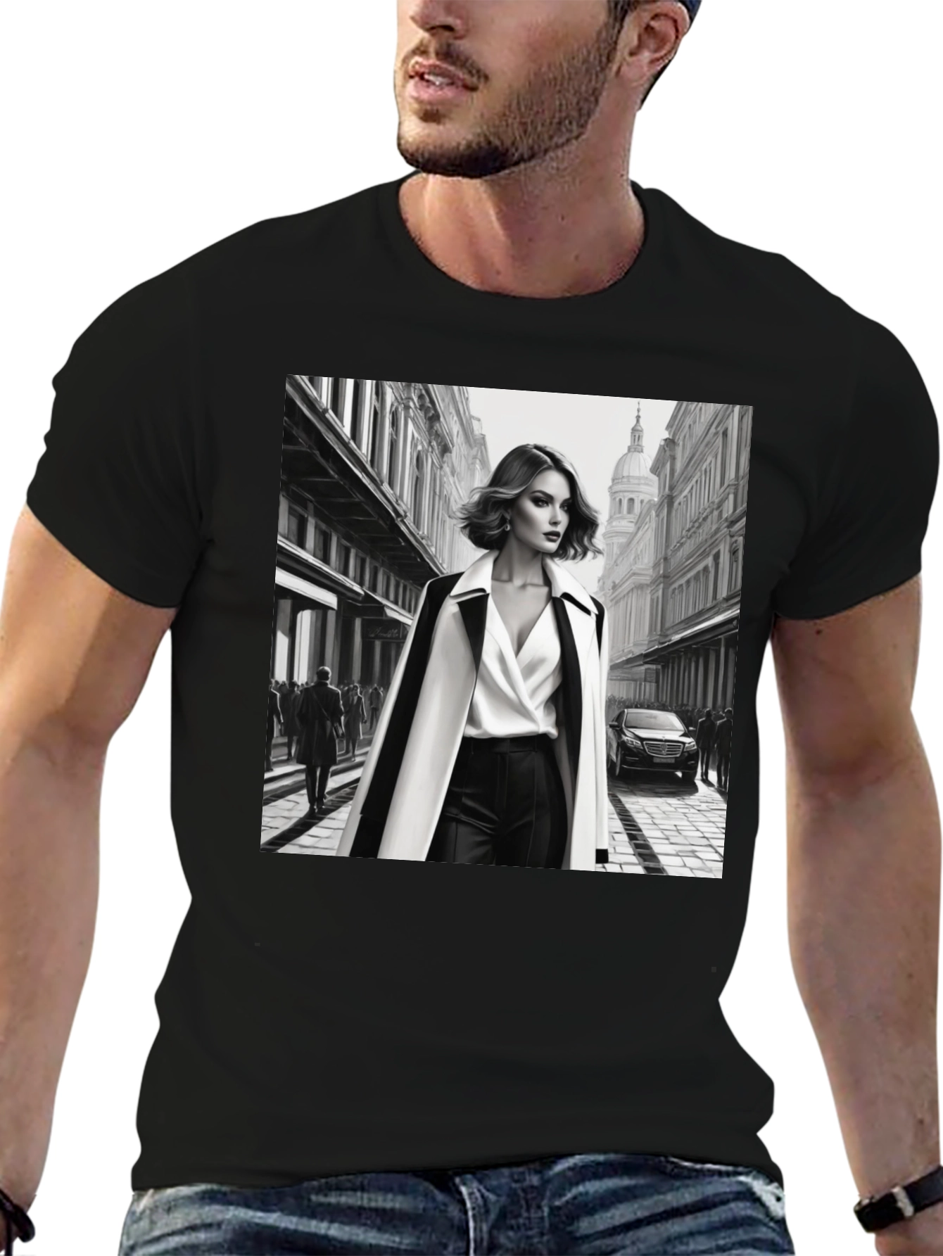 Stylish Black T-Shirt with Fashion Illustration