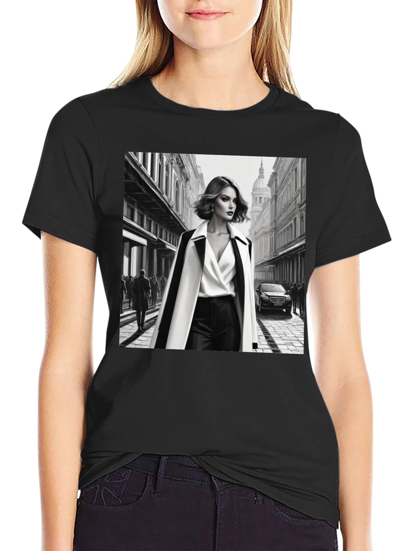 Stylish Black T-Shirt with Fashion Illustration