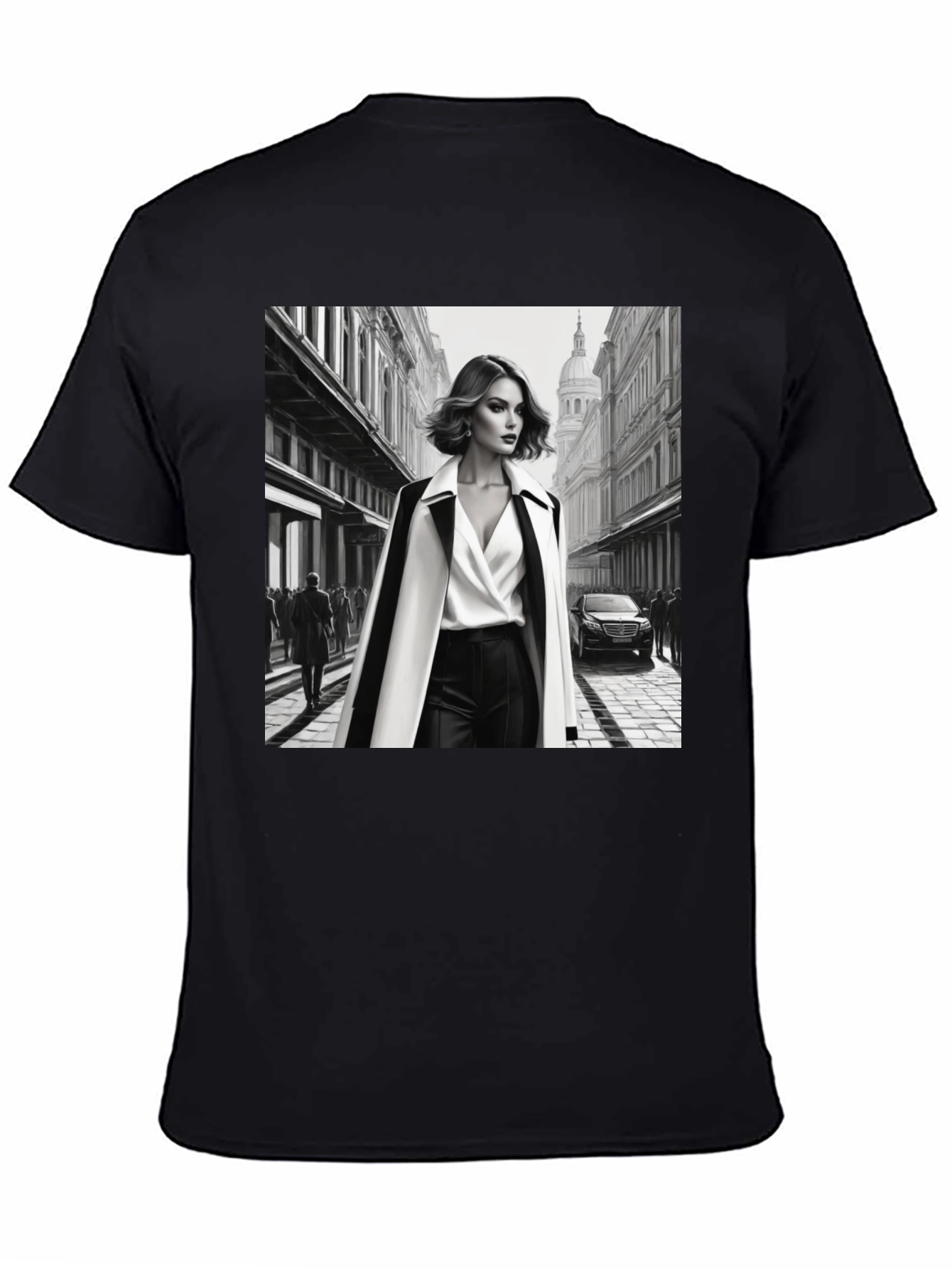 Stylish Black T-Shirt with Fashion Illustration