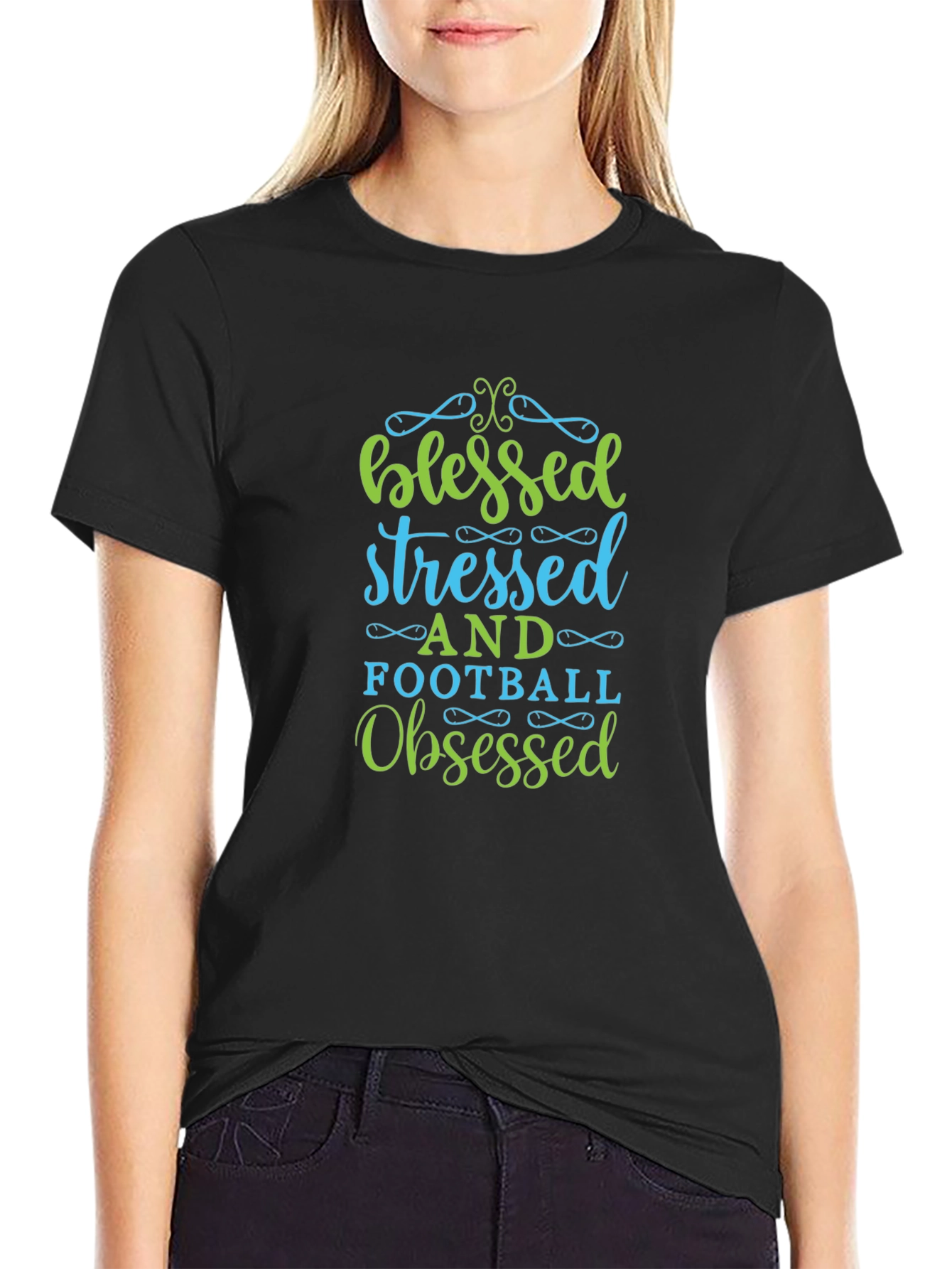 Blessed Stressed Football Obsessed Black T-Shirt