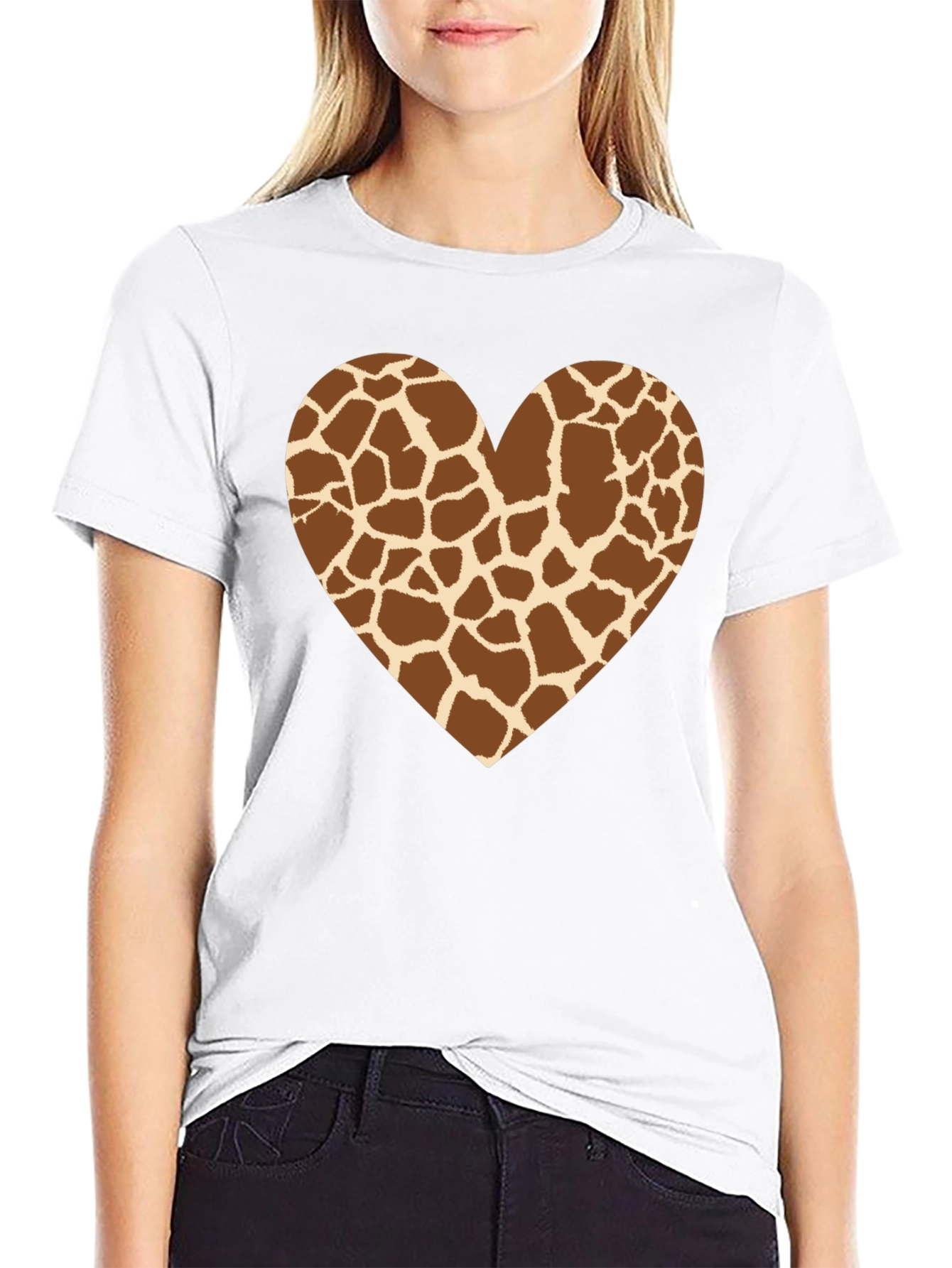 Giraffe Print Heart Graphic Tee - Black T-Shirt