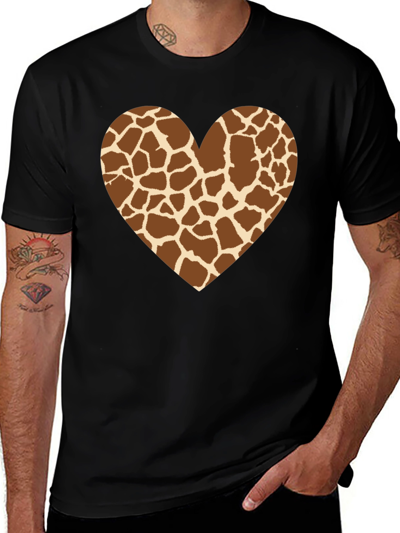 Giraffe Print Heart Graphic Tee - Black T-Shirt