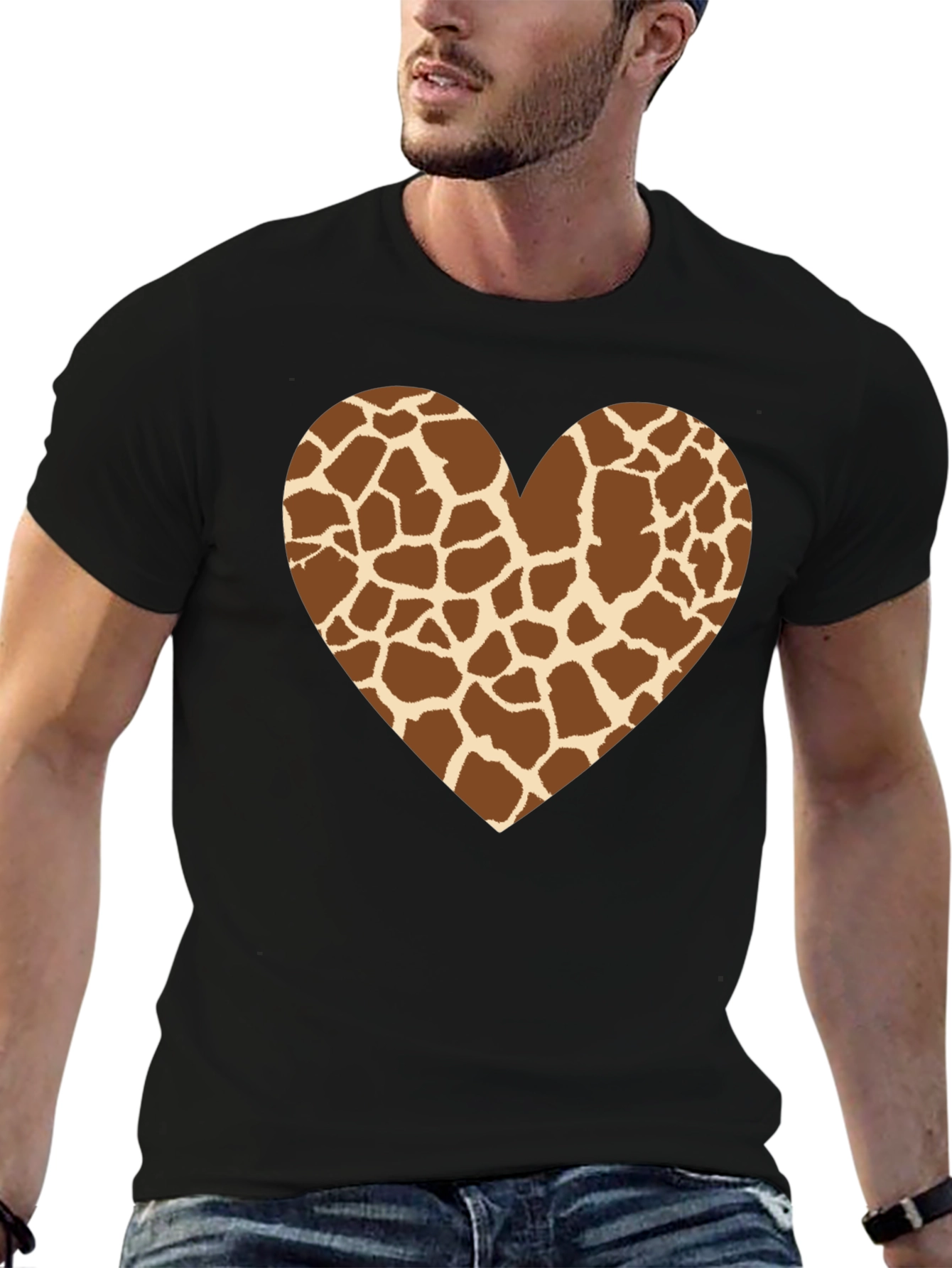 Giraffe Print Heart Graphic Tee - Black T-Shirt