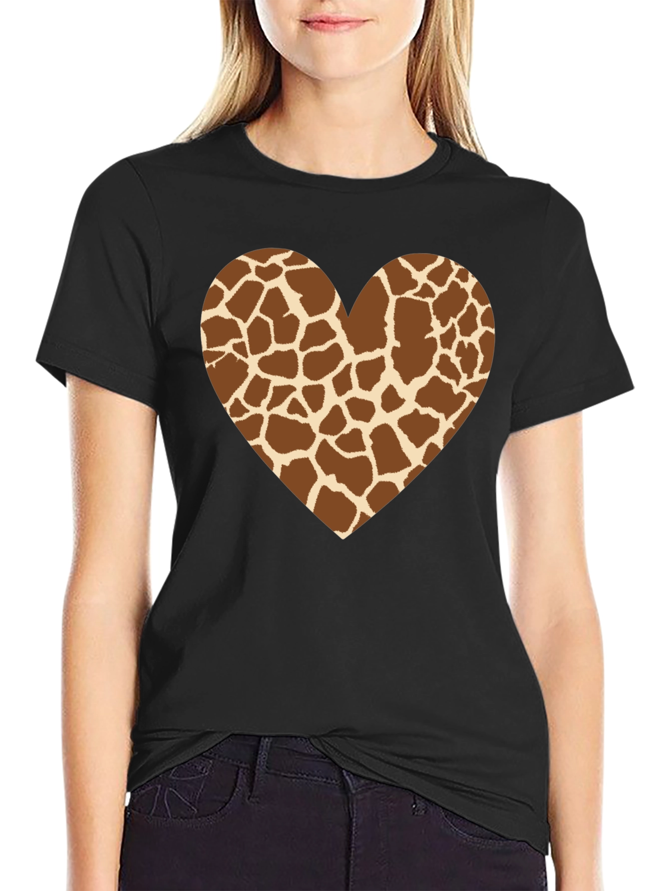 Giraffe Print Heart Graphic Tee - Black T-Shirt