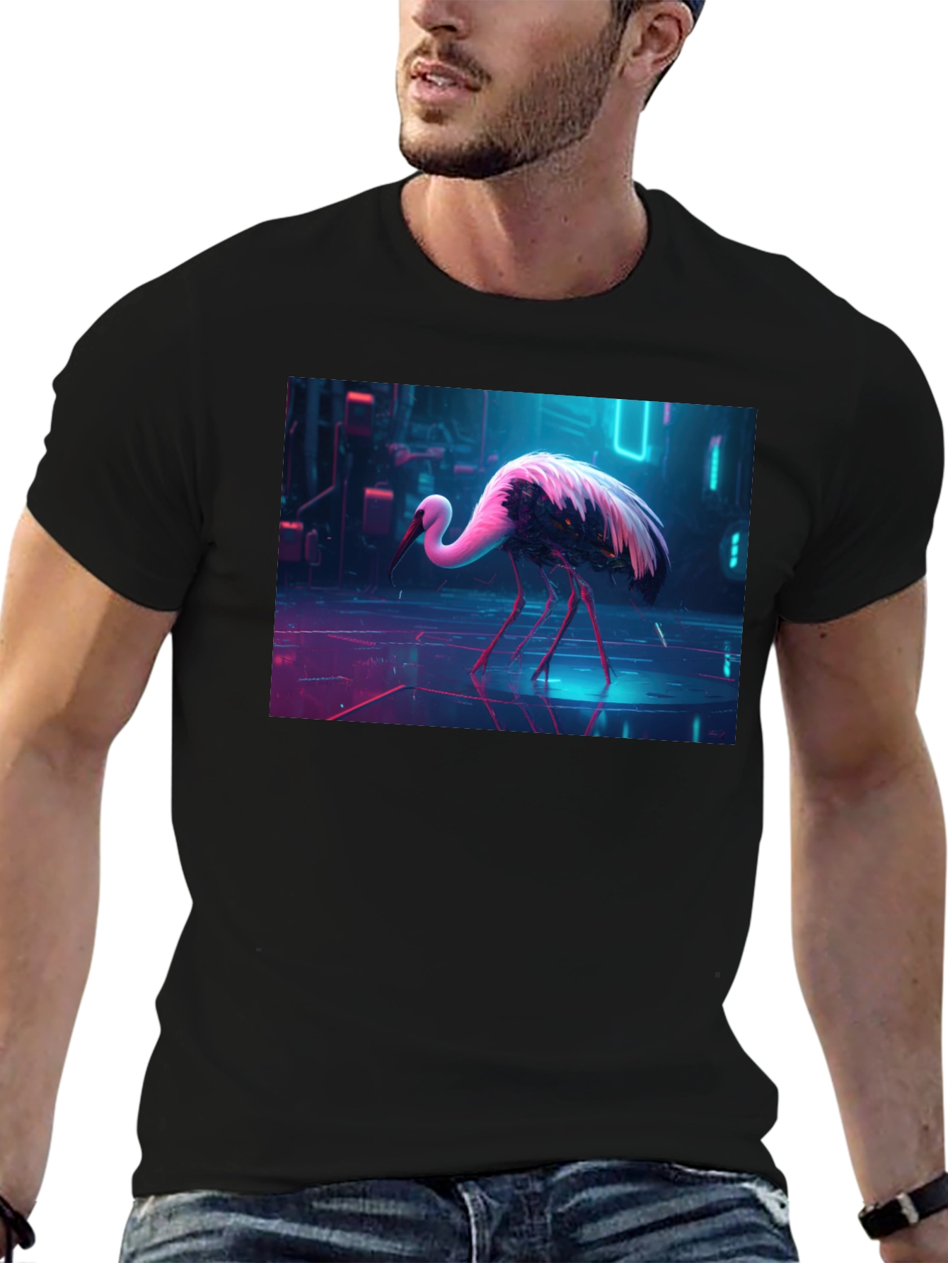 Cyberpunk Stork Graphic T-Shirt - Black