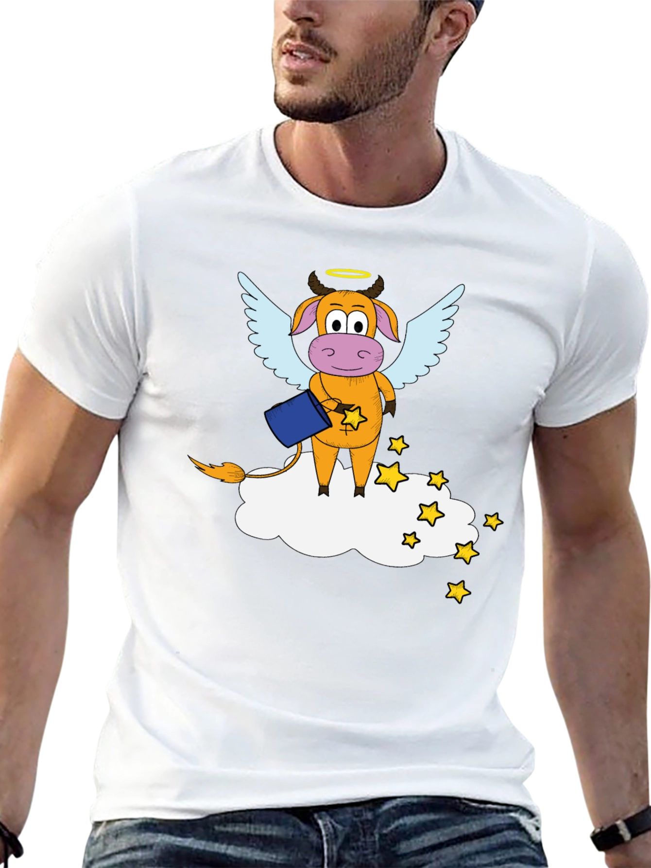 Whimsical Cow Angel Graphic Tee - Black Cotton Blend