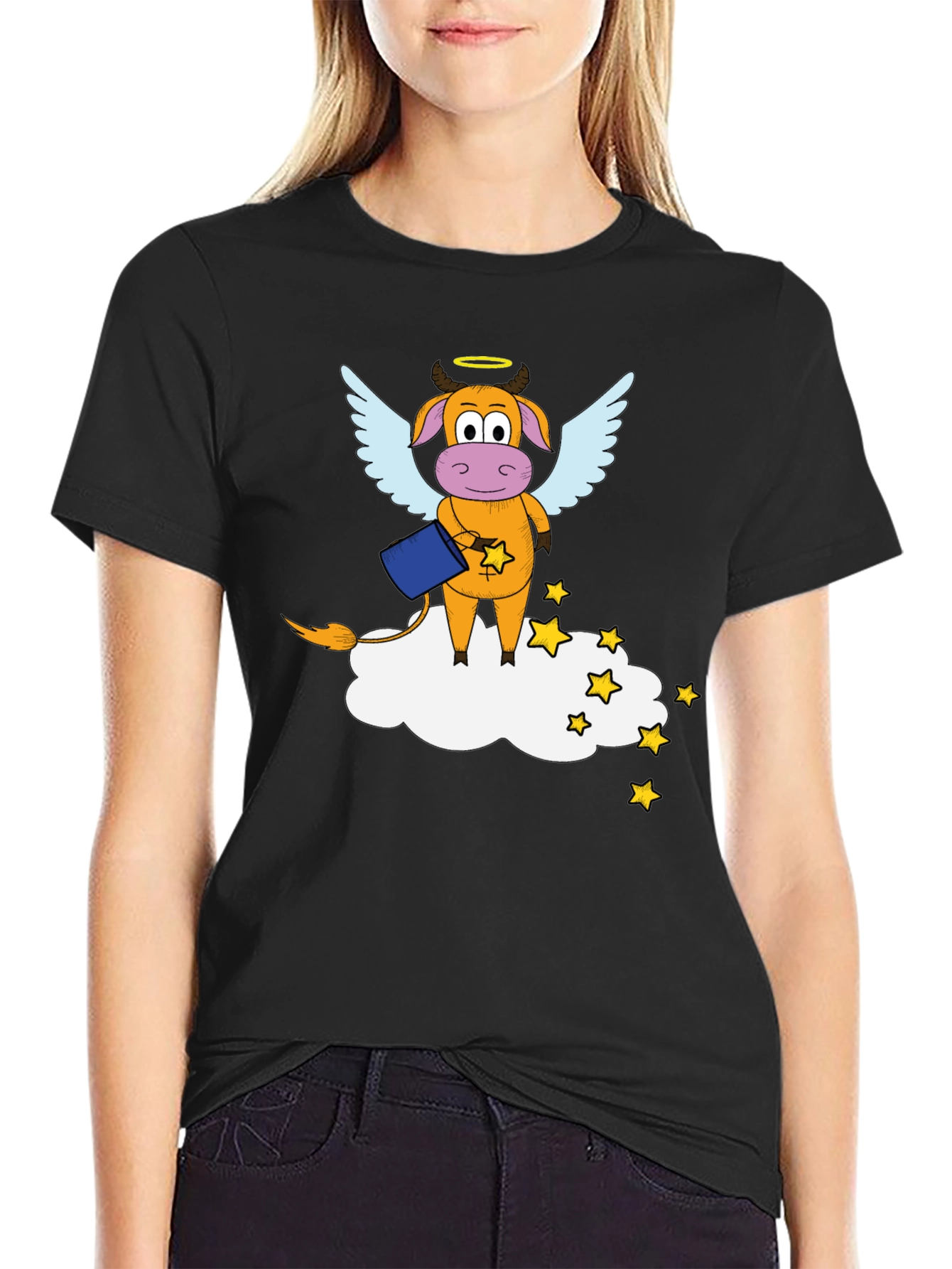 Whimsical Cow Angel Graphic Tee - Black Cotton Blend