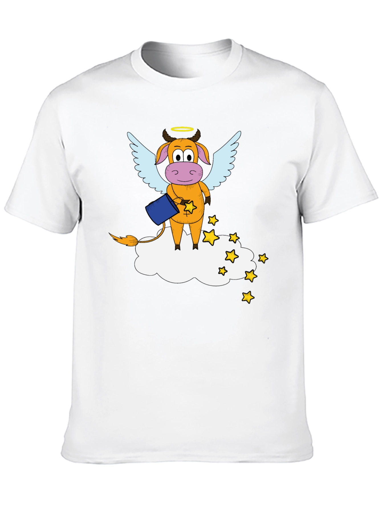 Whimsical Cow Angel Graphic Tee - Black Cotton Blend