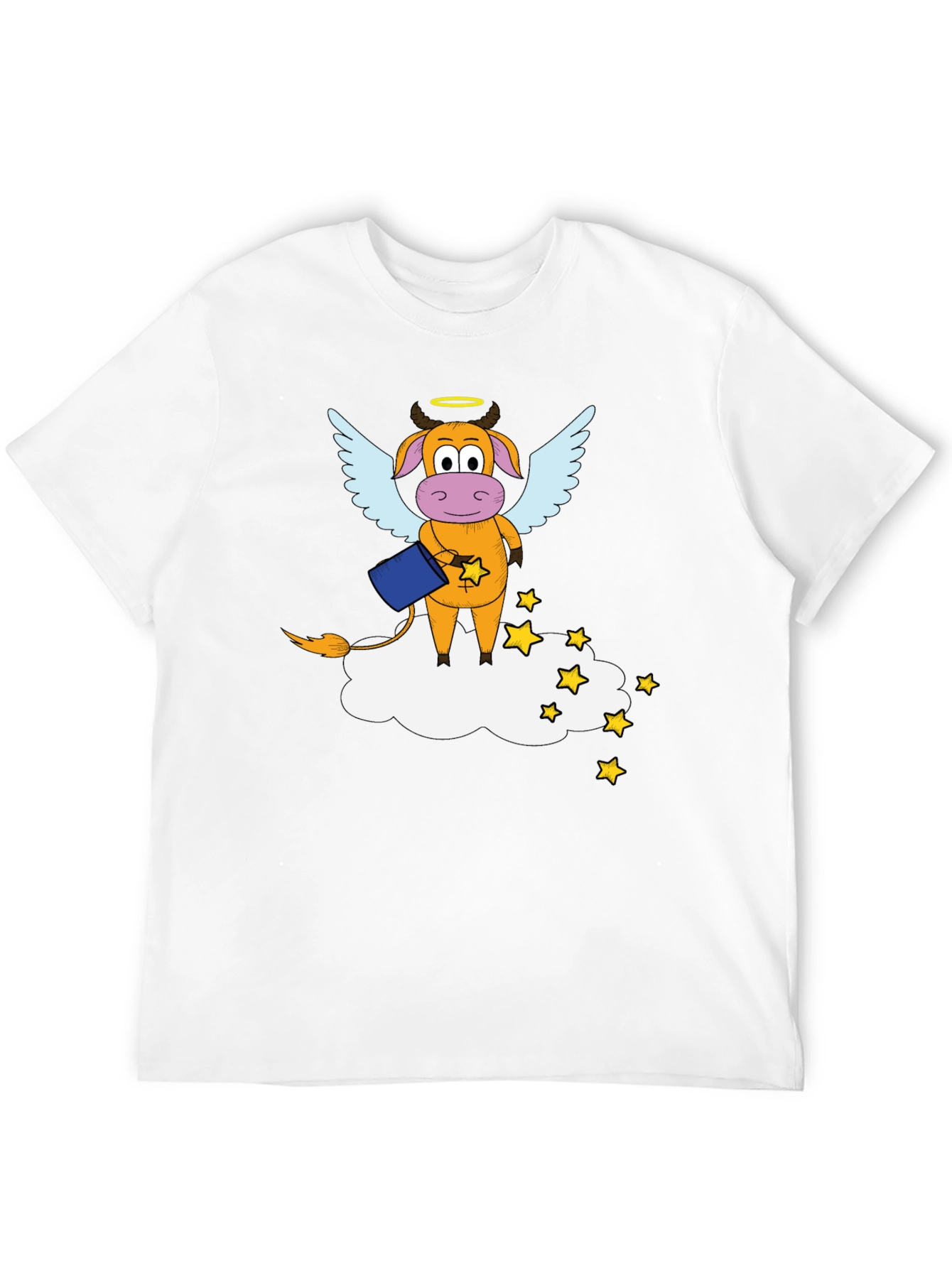 Whimsical Cow Angel Graphic Tee - Black Cotton Blend