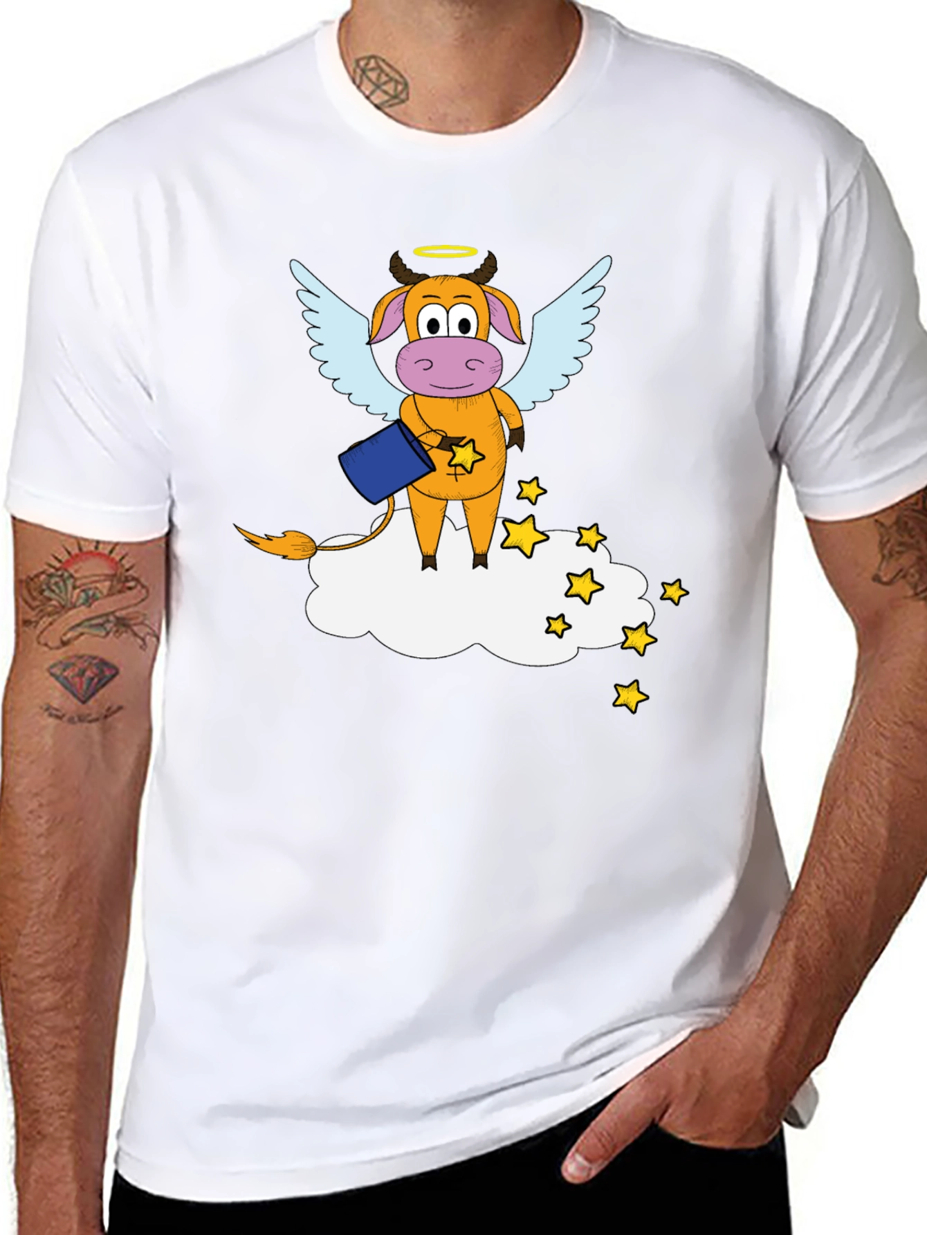 Whimsical Cow Angel Graphic Tee - Black Cotton Blend