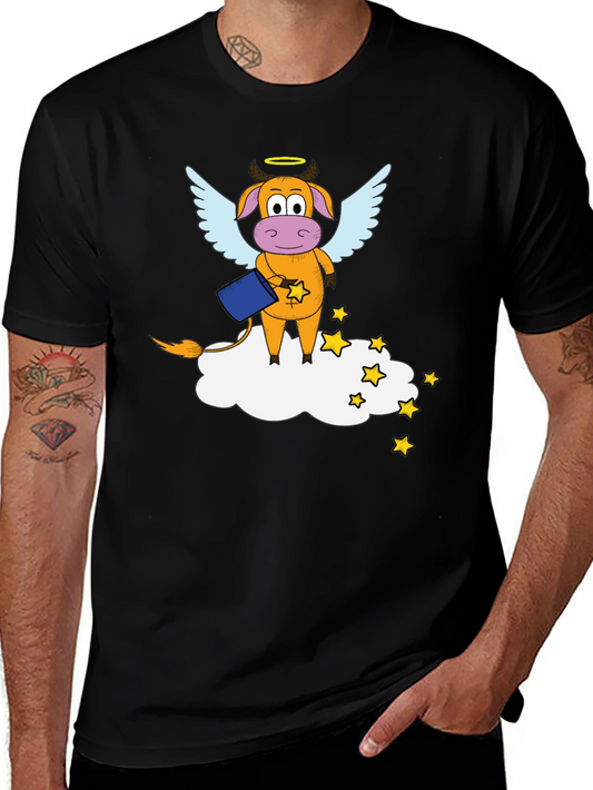 Whimsical Cow Angel Graphic Tee - Black Cotton Blend