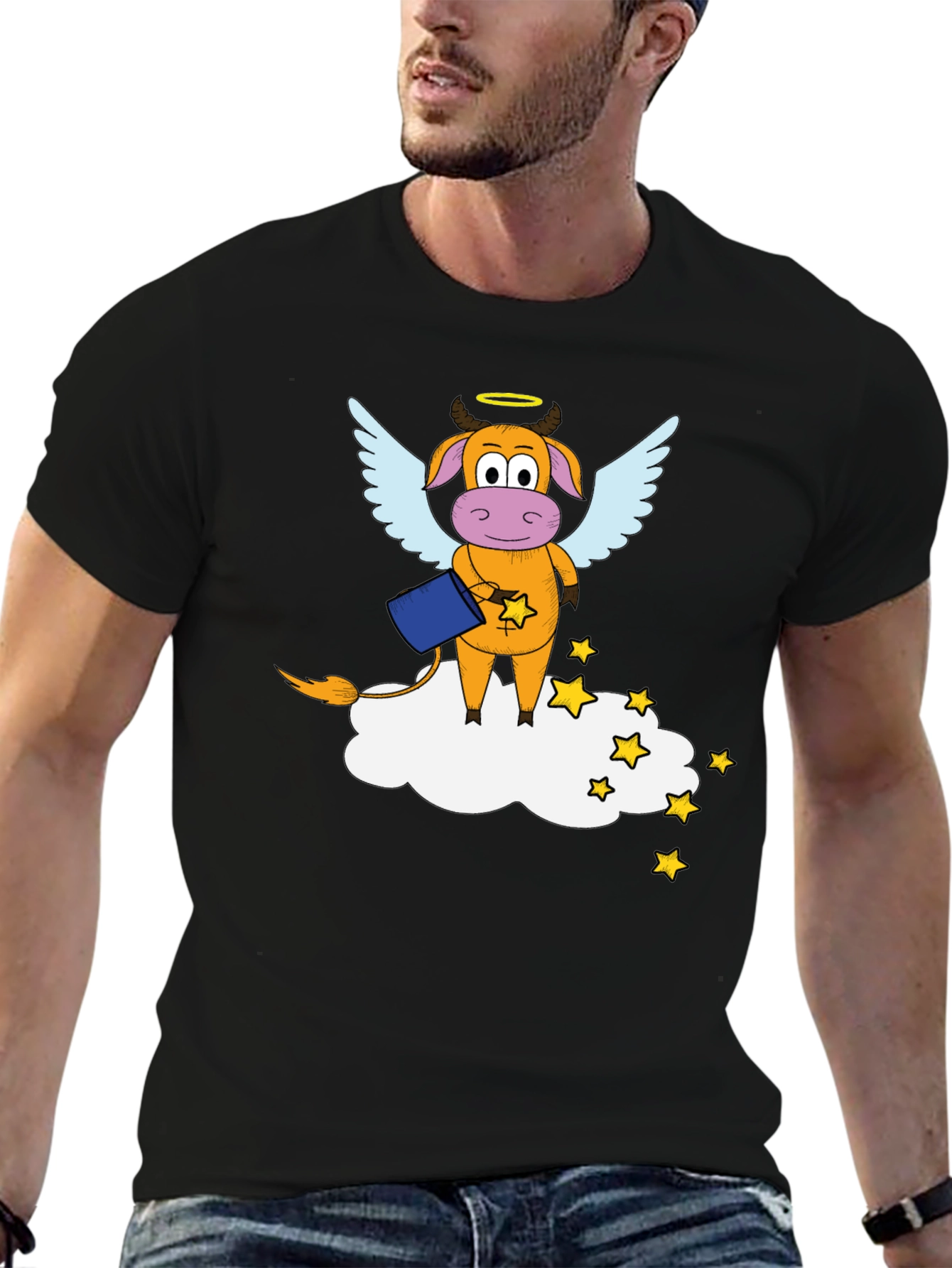 Whimsical Cow Angel Graphic Tee - Black Cotton Blend