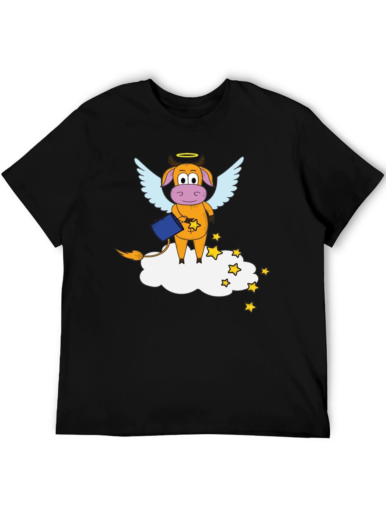 Whimsical Cow Angel Graphic Tee - Black Cotton Blend