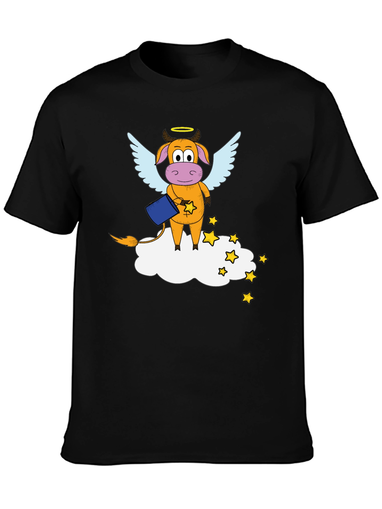 Whimsical Cow Angel Graphic Tee - Black Cotton Blend