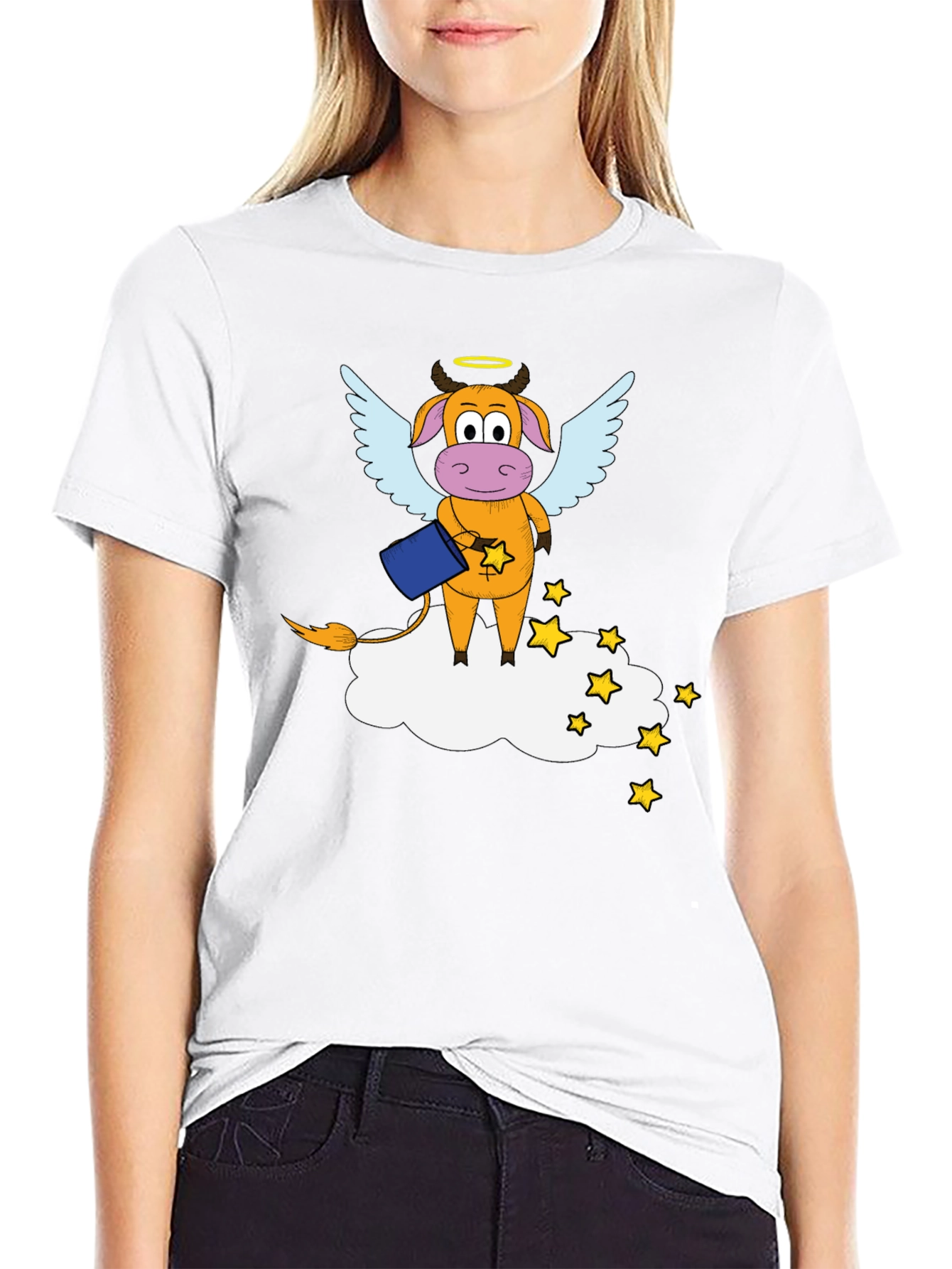 Whimsical Cow Angel Graphic Tee - Black Cotton Blend