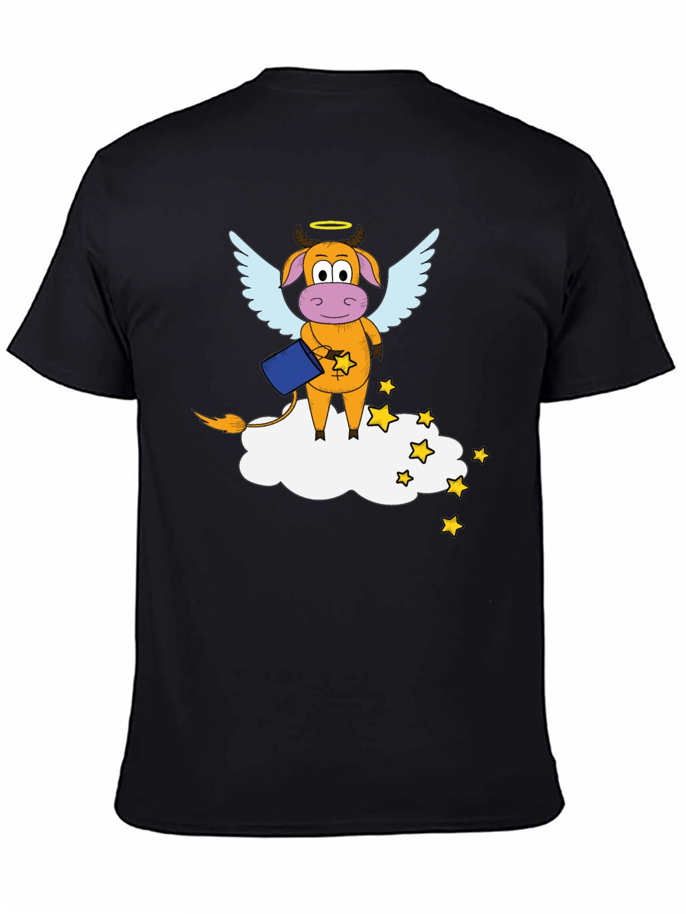 Whimsical Cow Angel Graphic Tee - Black Cotton Blend