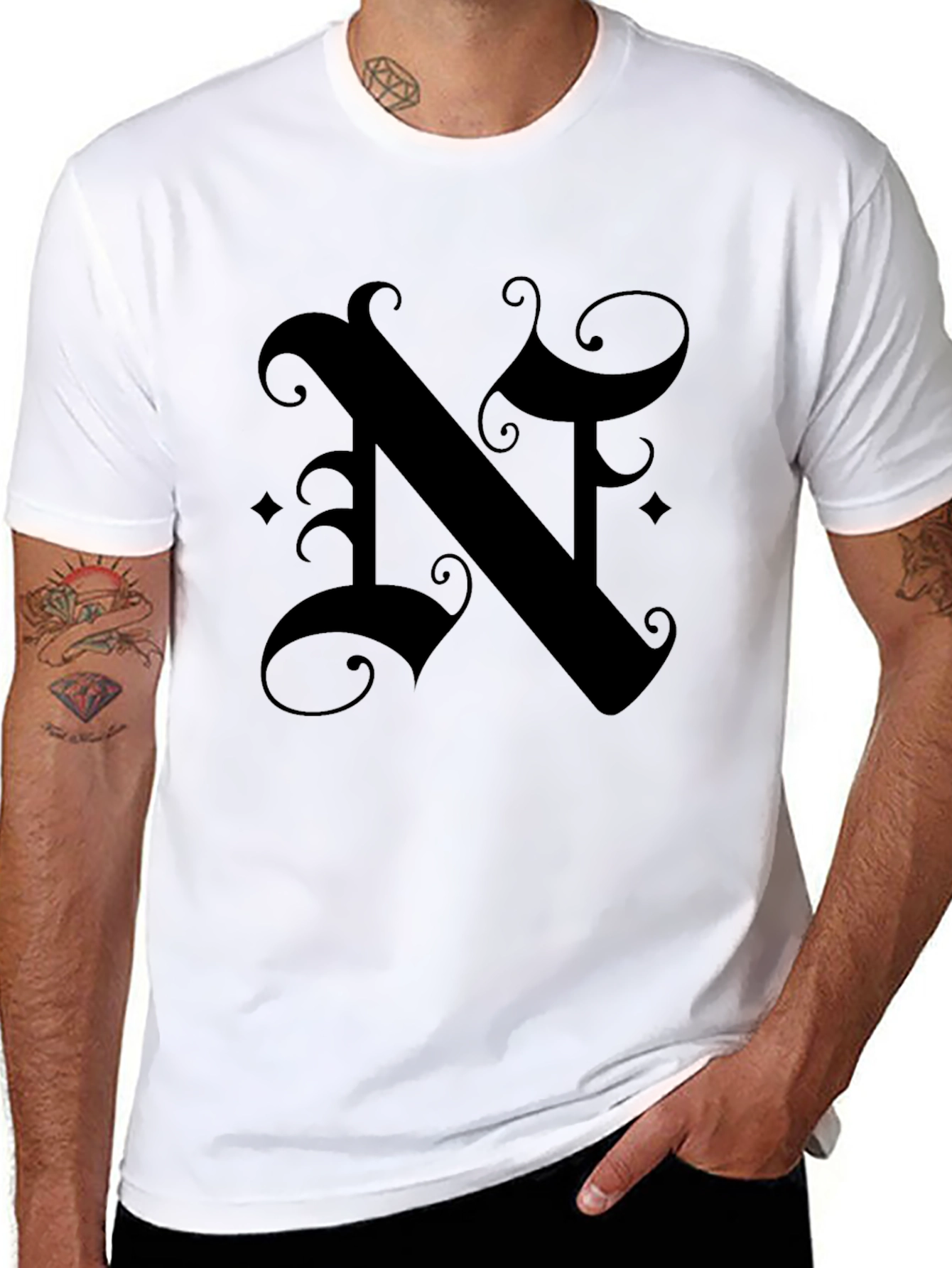 Elegant Black T-Shirt with Ornamental Letter N Design