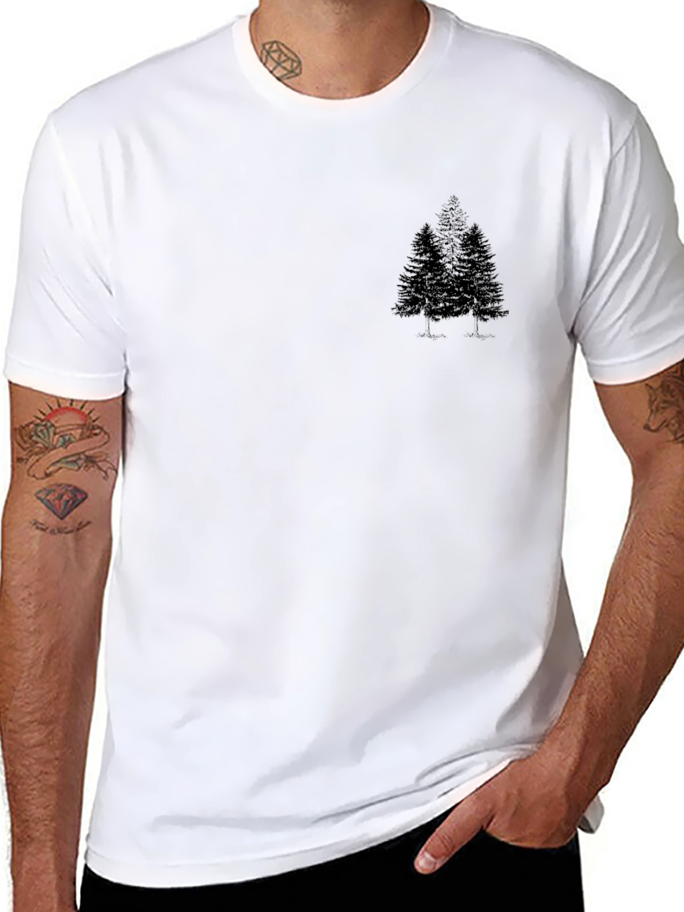 Mens Black Crewneck Tee with Pine Tree Graphic