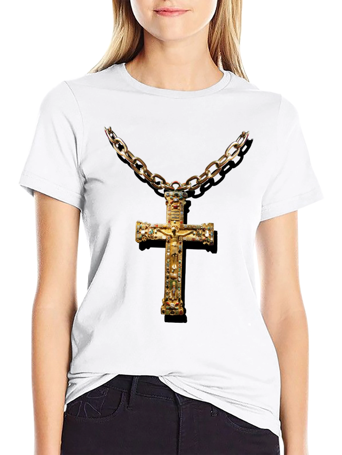 Embellished Cross Chain T-Shirt - Black