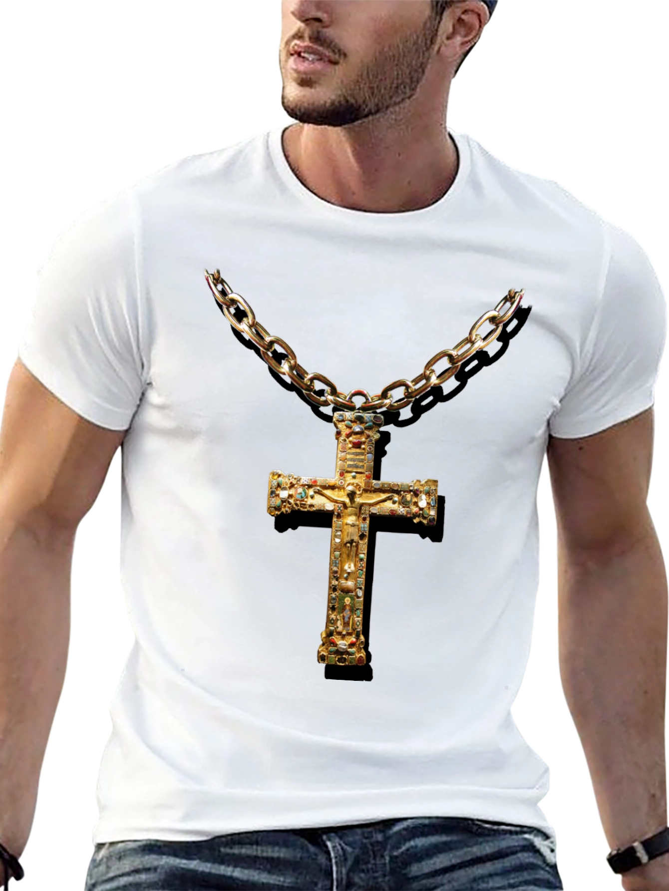 Embellished Cross Chain T-Shirt - Black