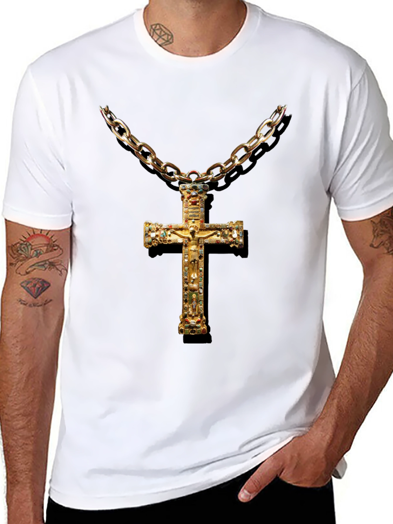 Embellished Cross Chain T-Shirt - Black