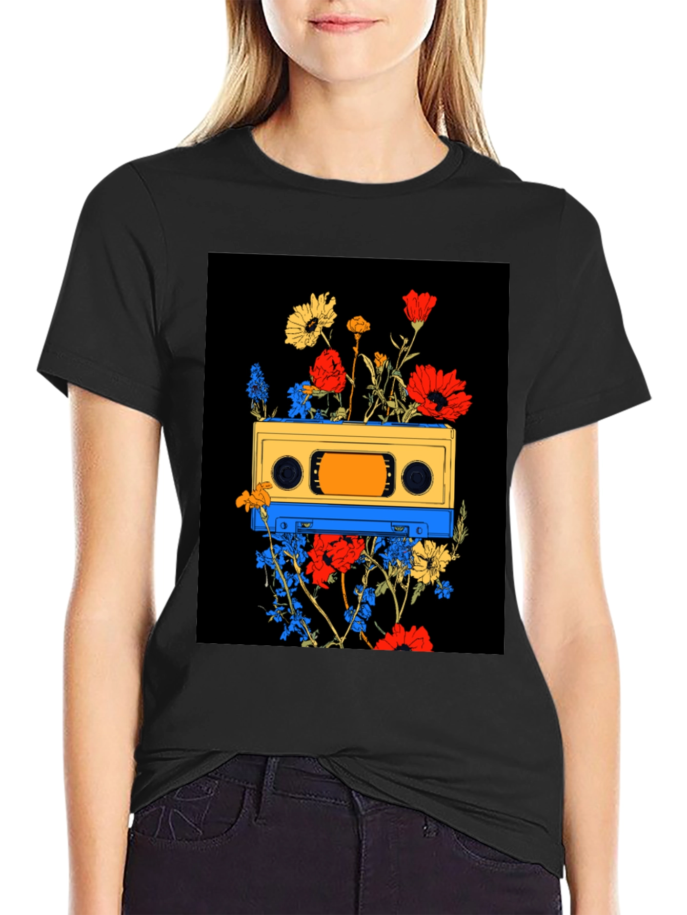 Retro Cassette Tape Floral Graphic T-Shirt