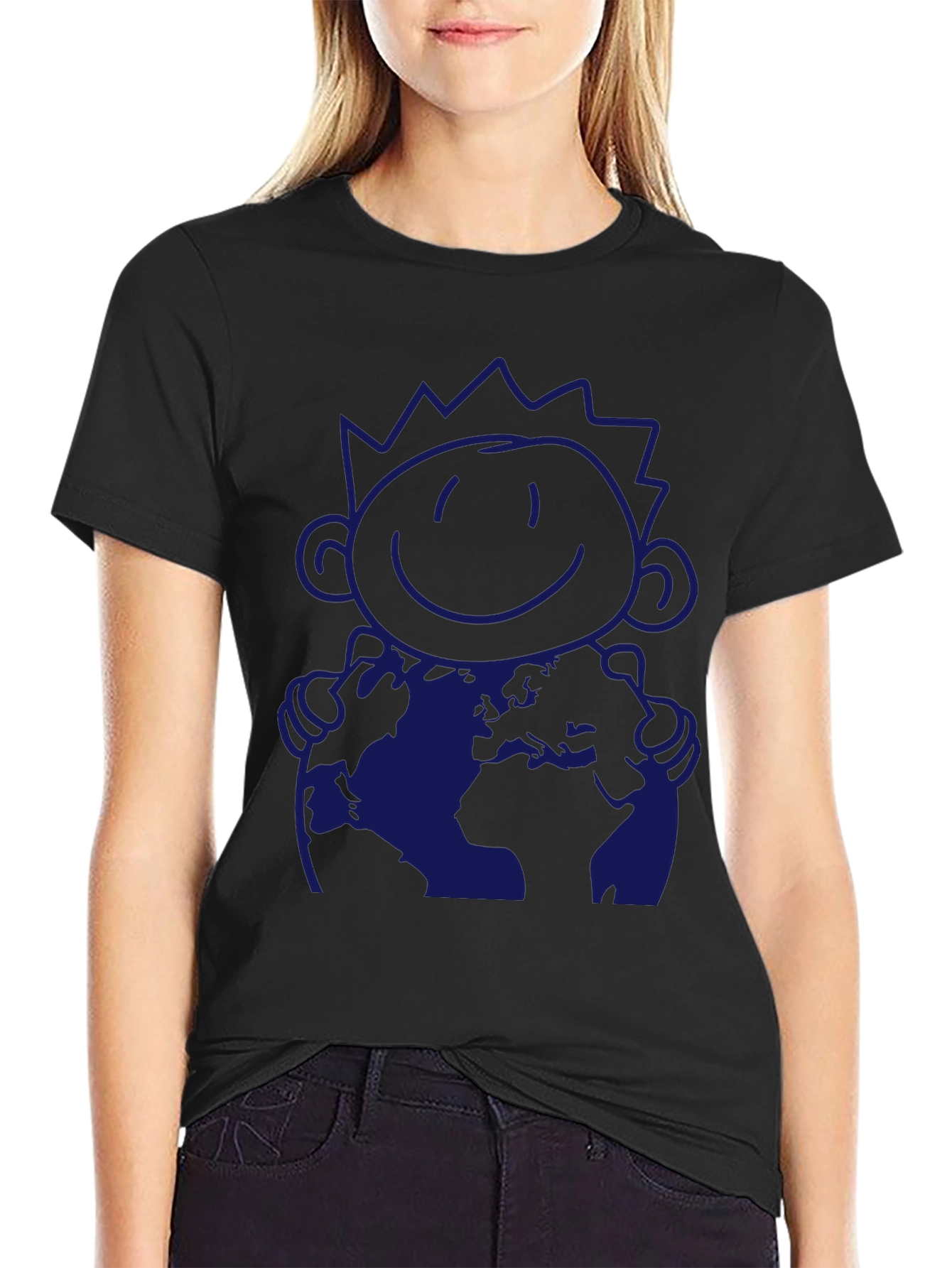 Graphic Tee: Hug the World Cartoon Print T-Shirt