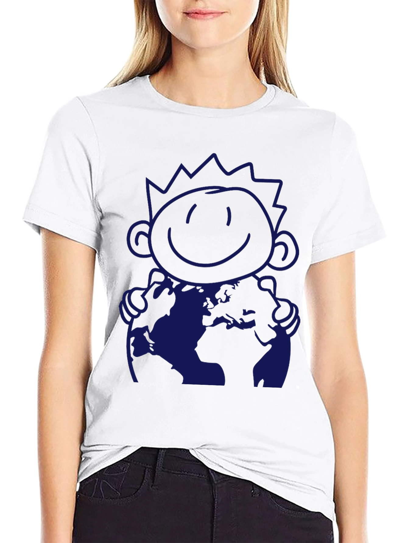Graphic Tee: Hug the World Cartoon Print T-Shirt